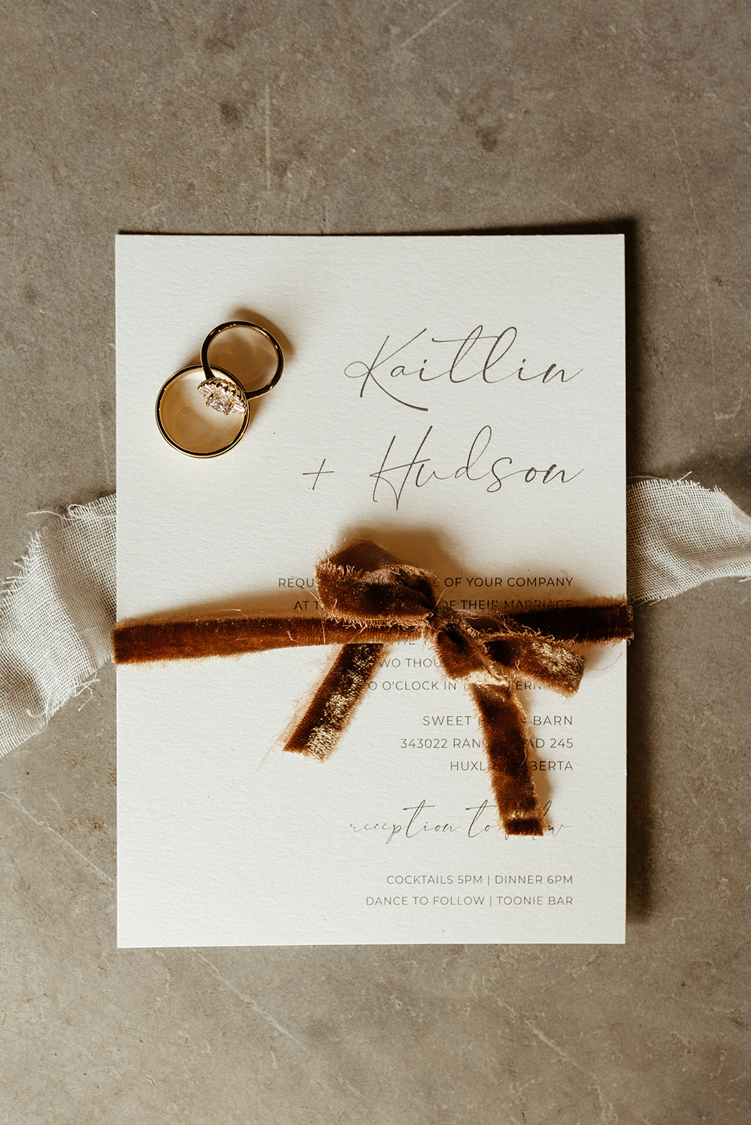 Wedding invitations with sating ribbon, wedding flat lay