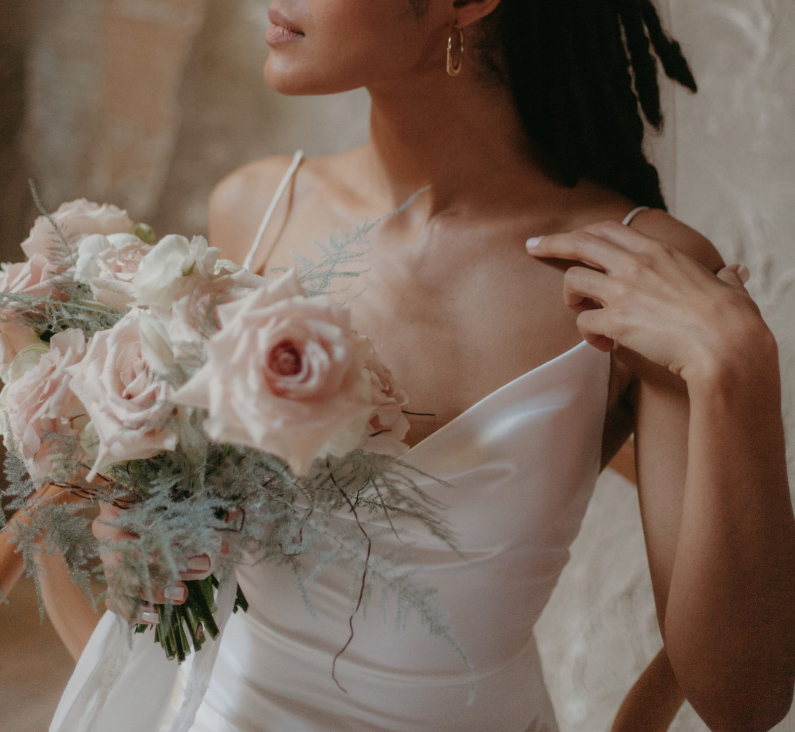 modern bridal styling, chic bridal attire, White satin gown wedding, royal wedding vibes
