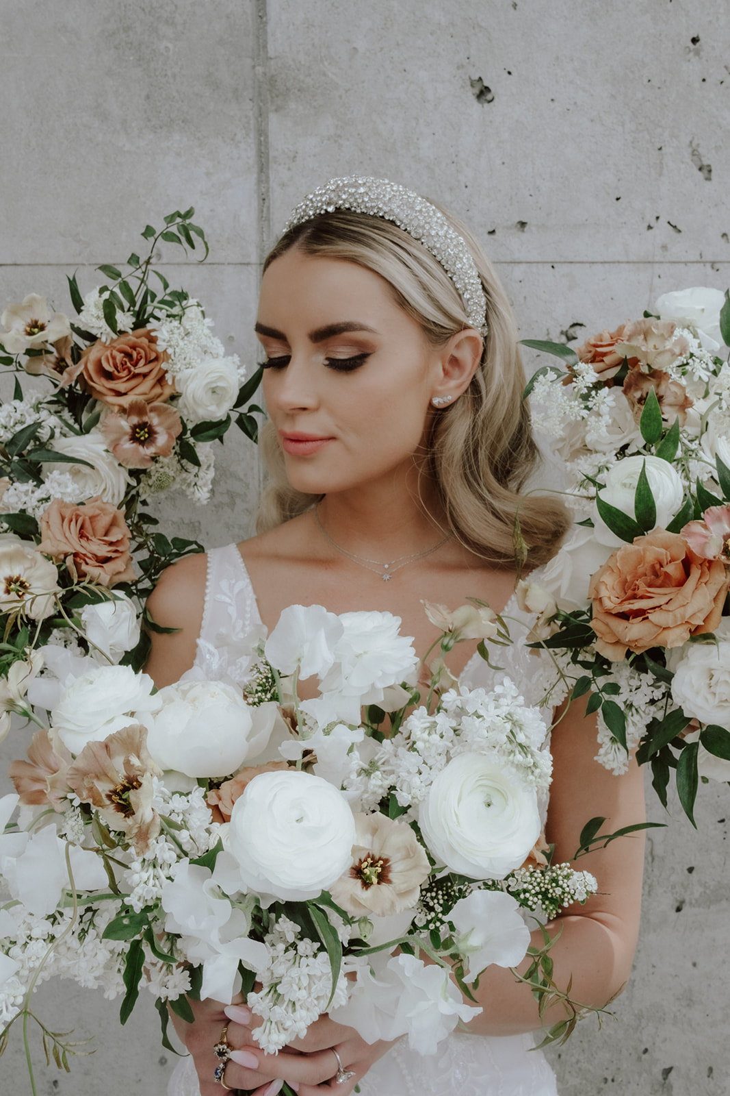 Bride portrait, bridal headband, chic floral bouquets