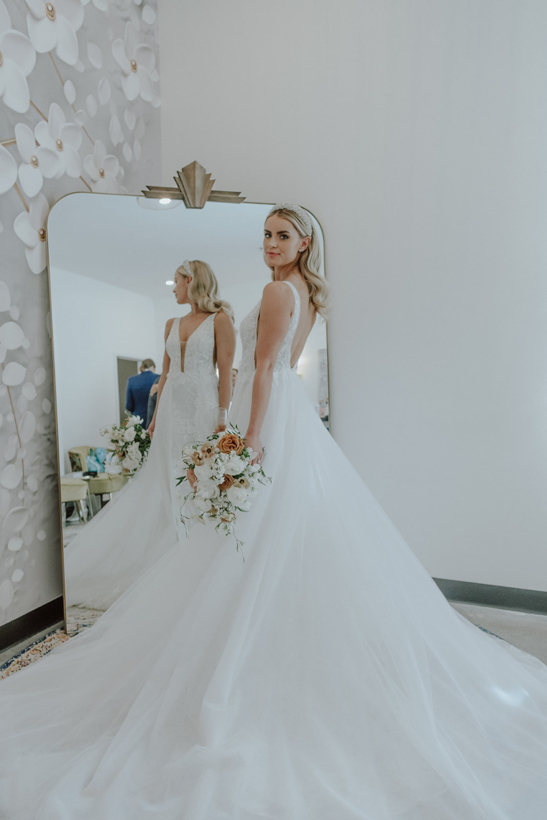 bridal portraits, modern chic wedding gown, tangerine and white florals