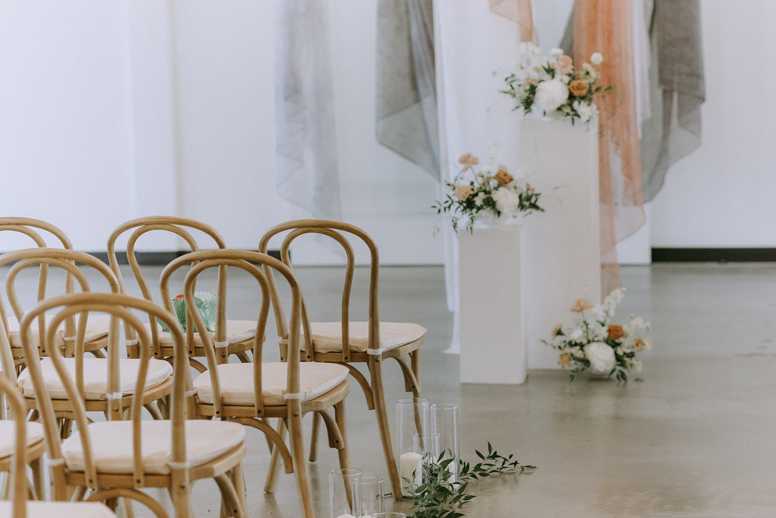 indoor garden wedding, gardenesque florals, hanging fabric installation for reception