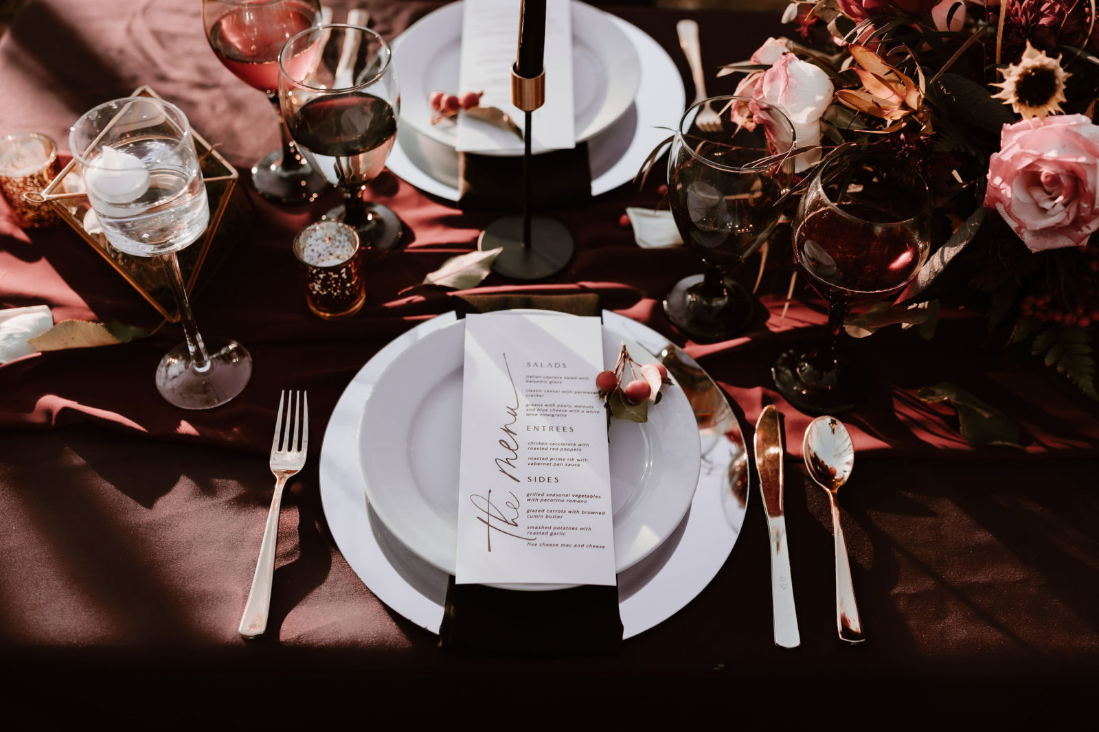 moody black and burgundy tablescape, moody wedding inspiration, halloween wedding inspiration