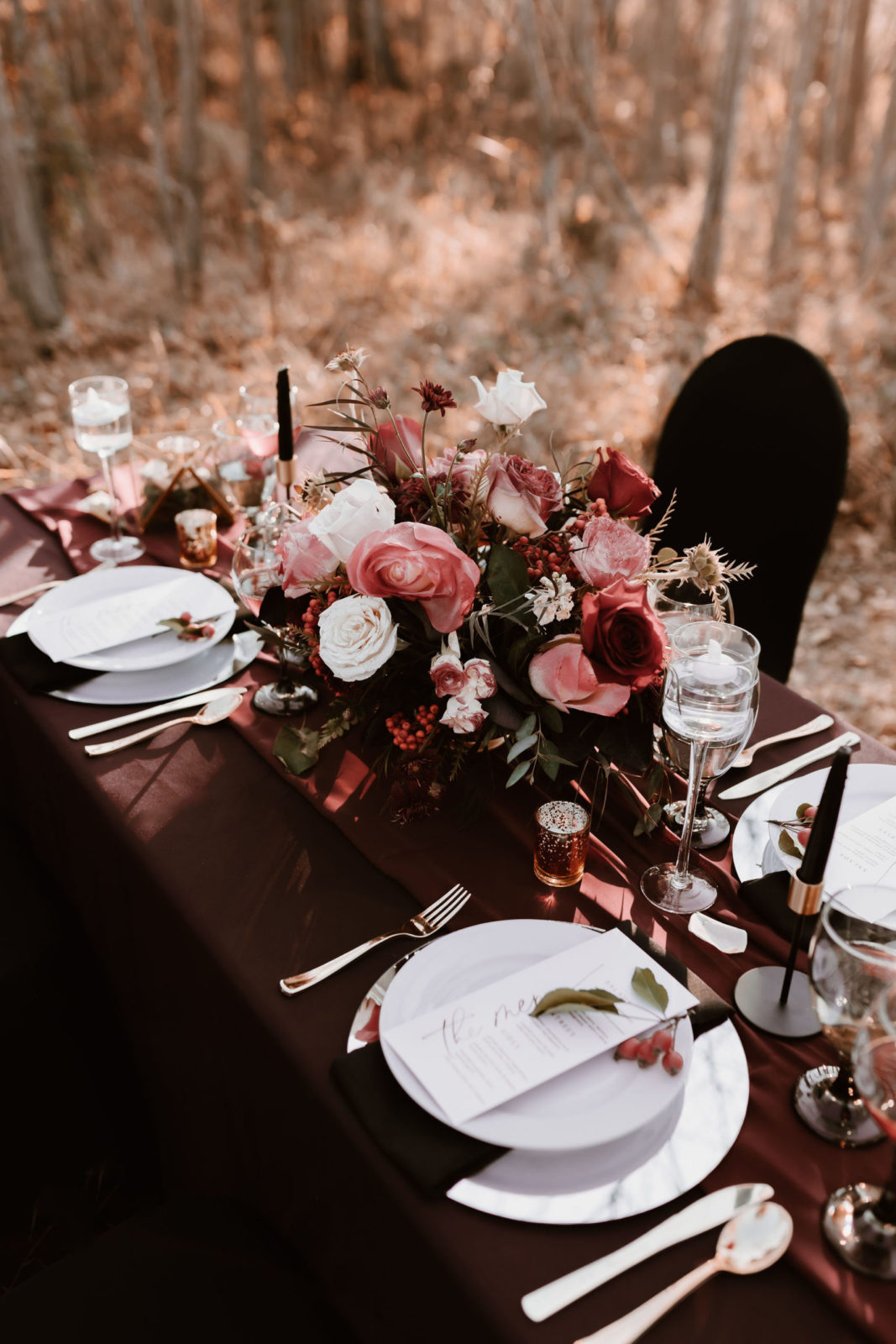 moody black and burgundy tablescape, moody wedding inspiration, wedding inspiration
