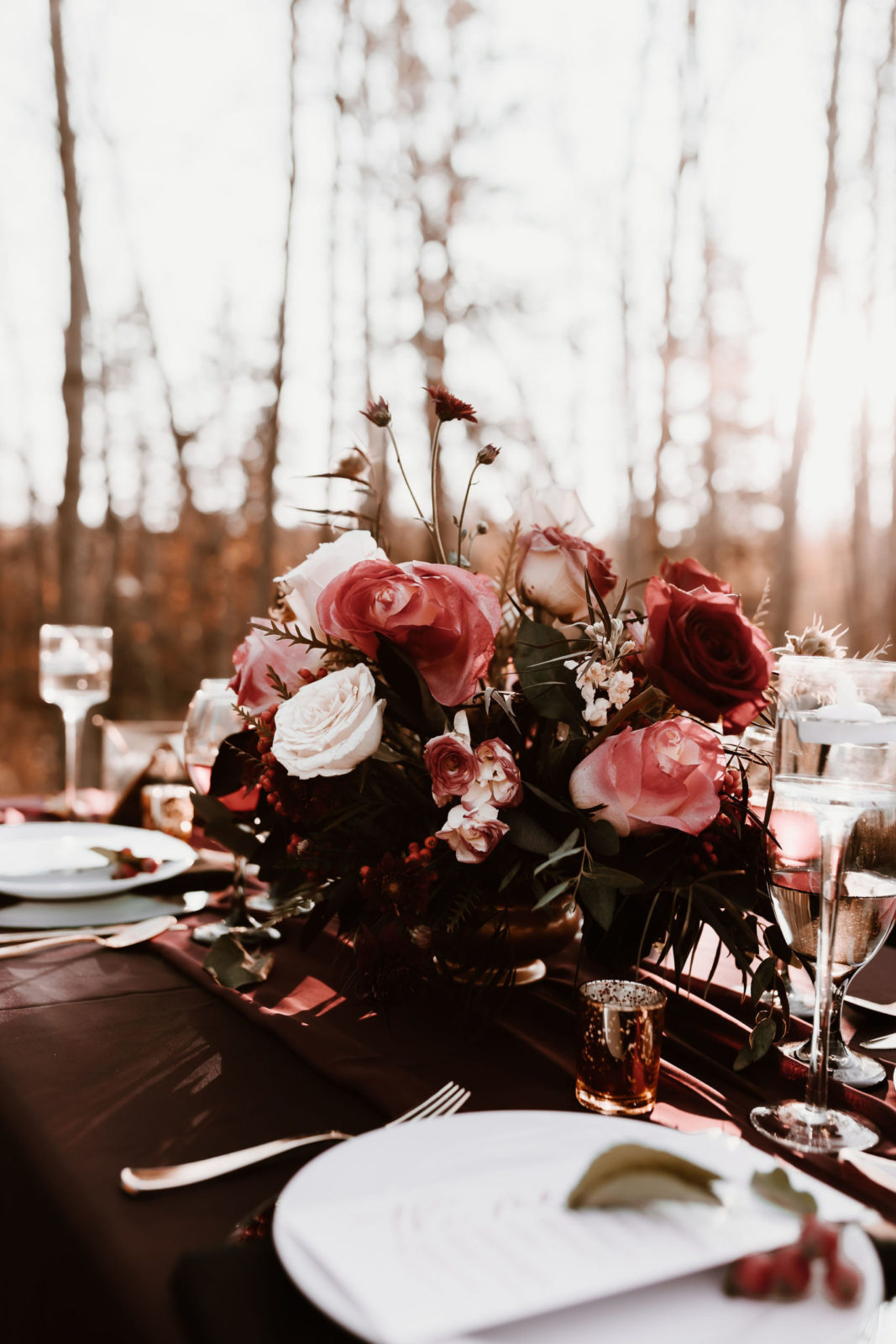 moody black and burgundy tablescape, moody wedding inspiration, halloween wedding inspiration