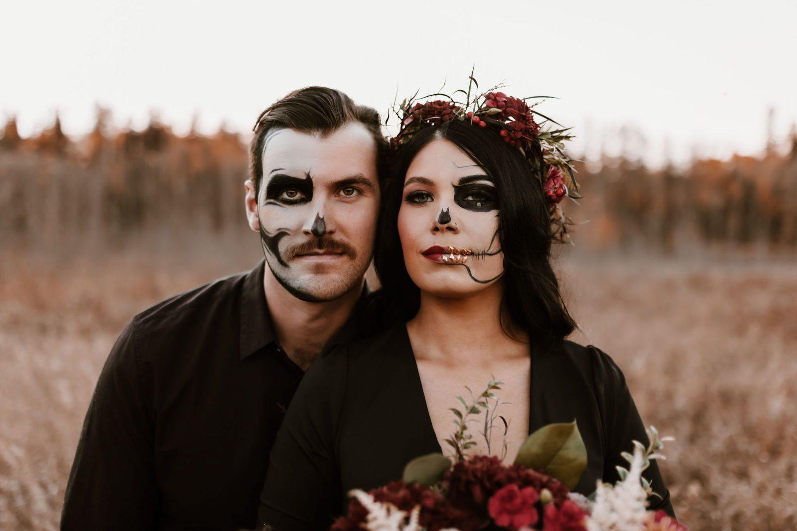skull makeup, halloween makeup inspiration, Skull Couple Halloween Inspiration, Moody Halloween Photography, moody wedding inspiration, halloween wedding inspiration, Halloween costume