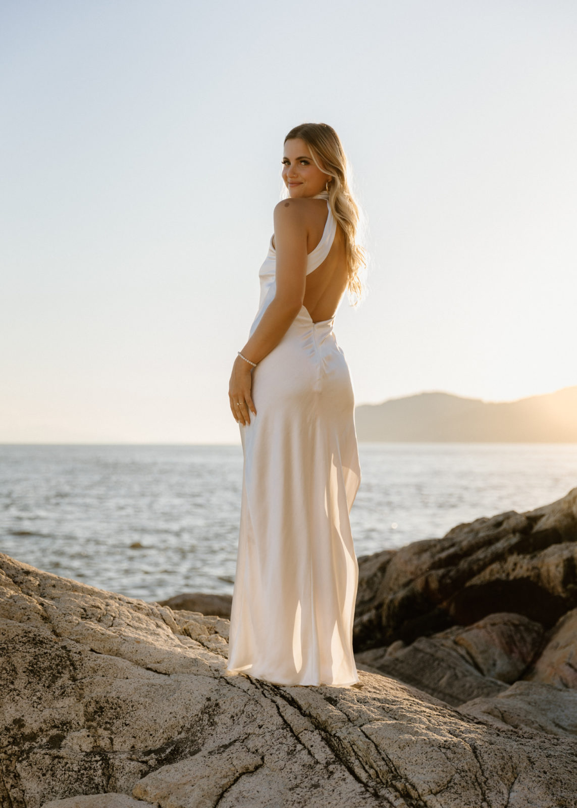 Engagement session outfit ideas, white satin gown for summer engagement session, summer engagement session outfits