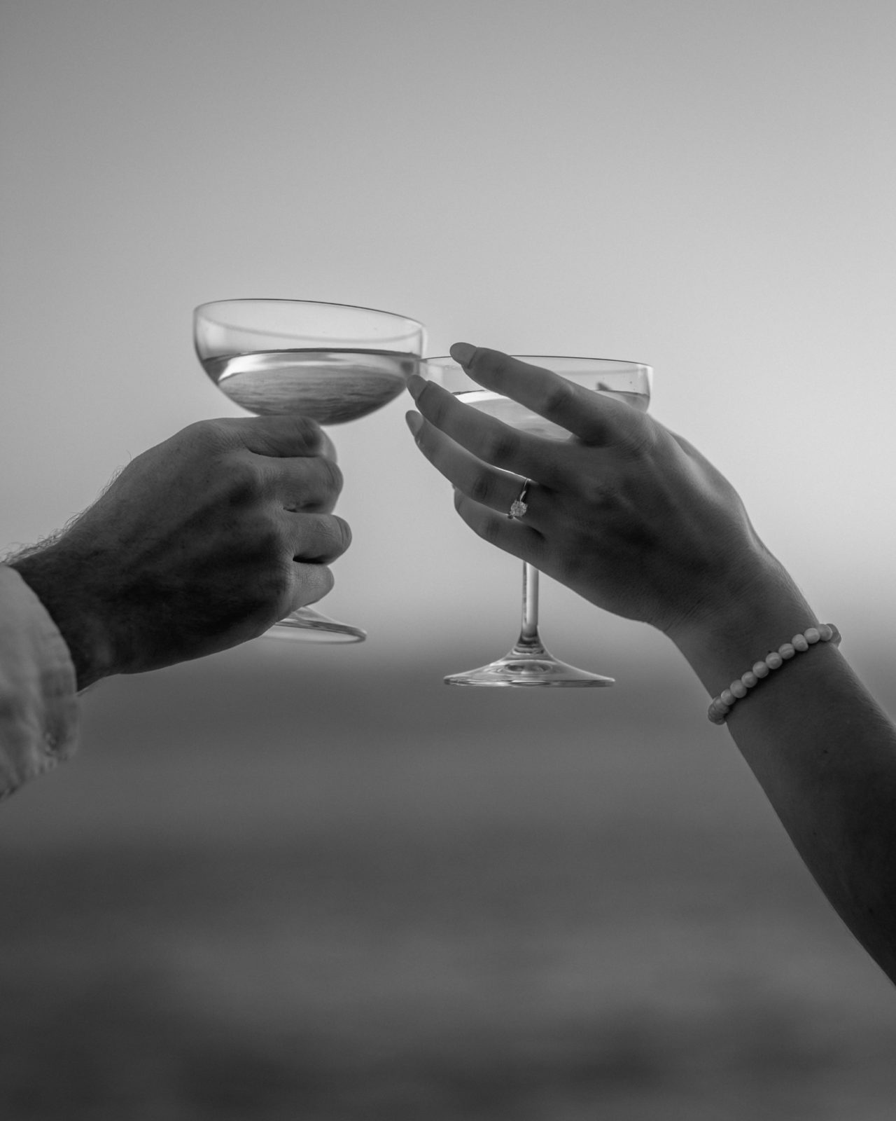engagement session, champagne toast, black and white engagement photos