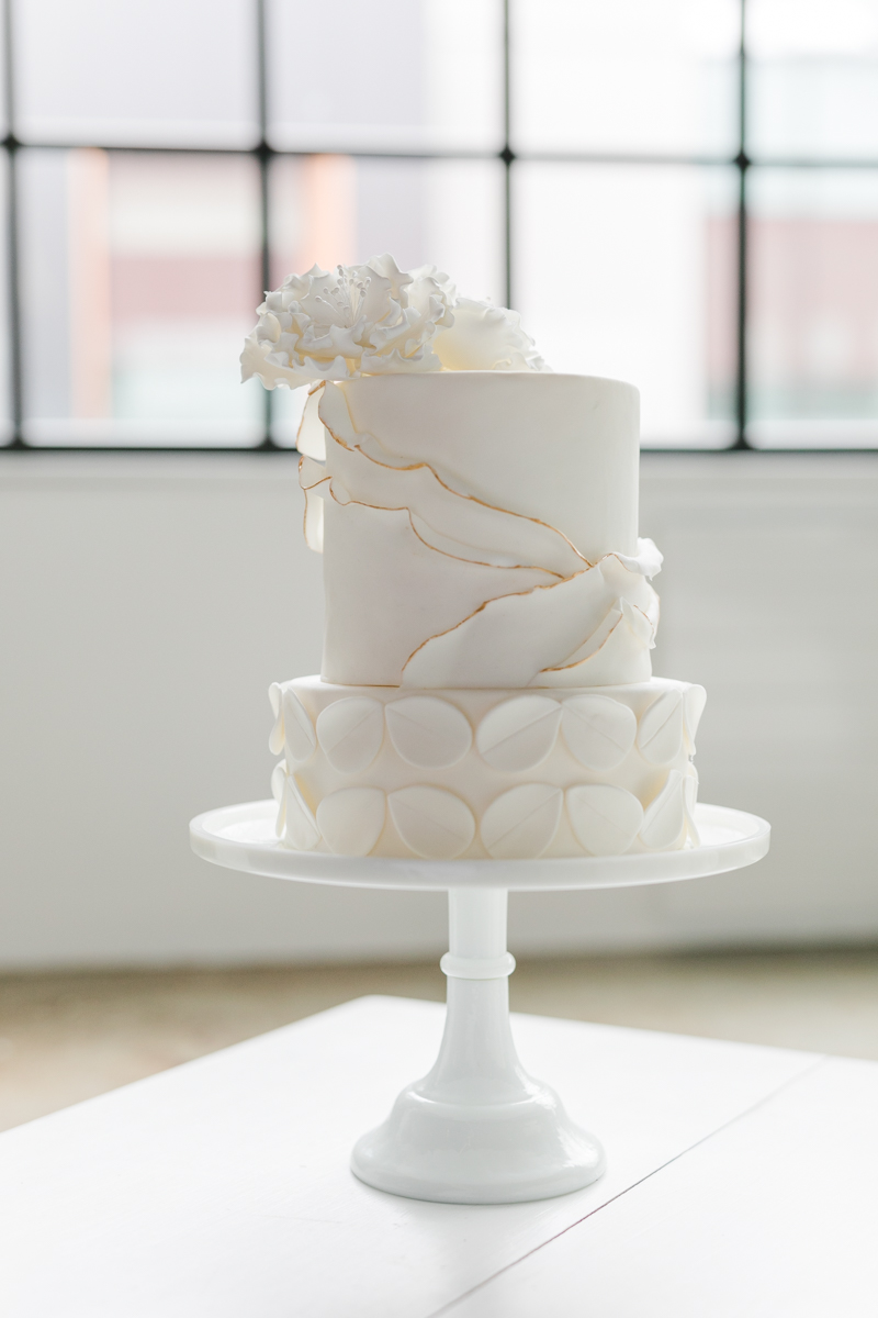 elegant wedding cake with gold flake, white wedding cake, white wedding inspiration