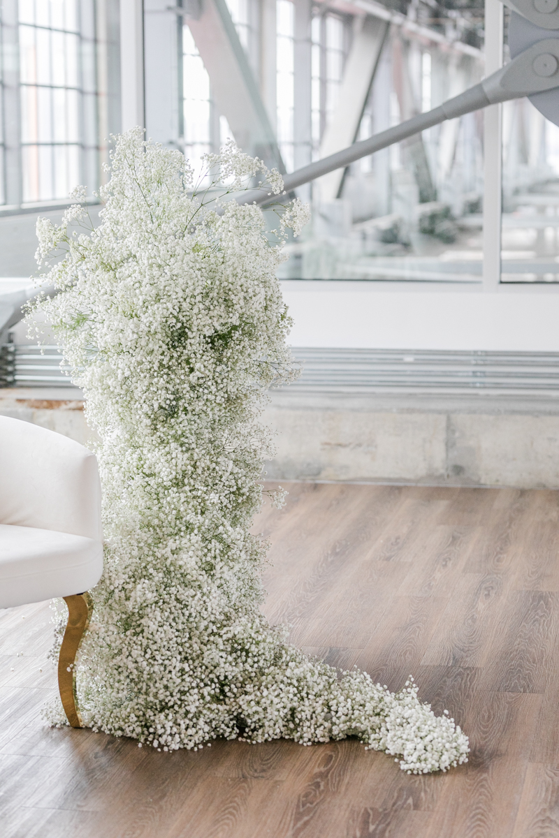 elegant white wedding, baby's breath floral design, light and airy wedding inspiration, simple and modern wedding inspiration, indoor wedding venue