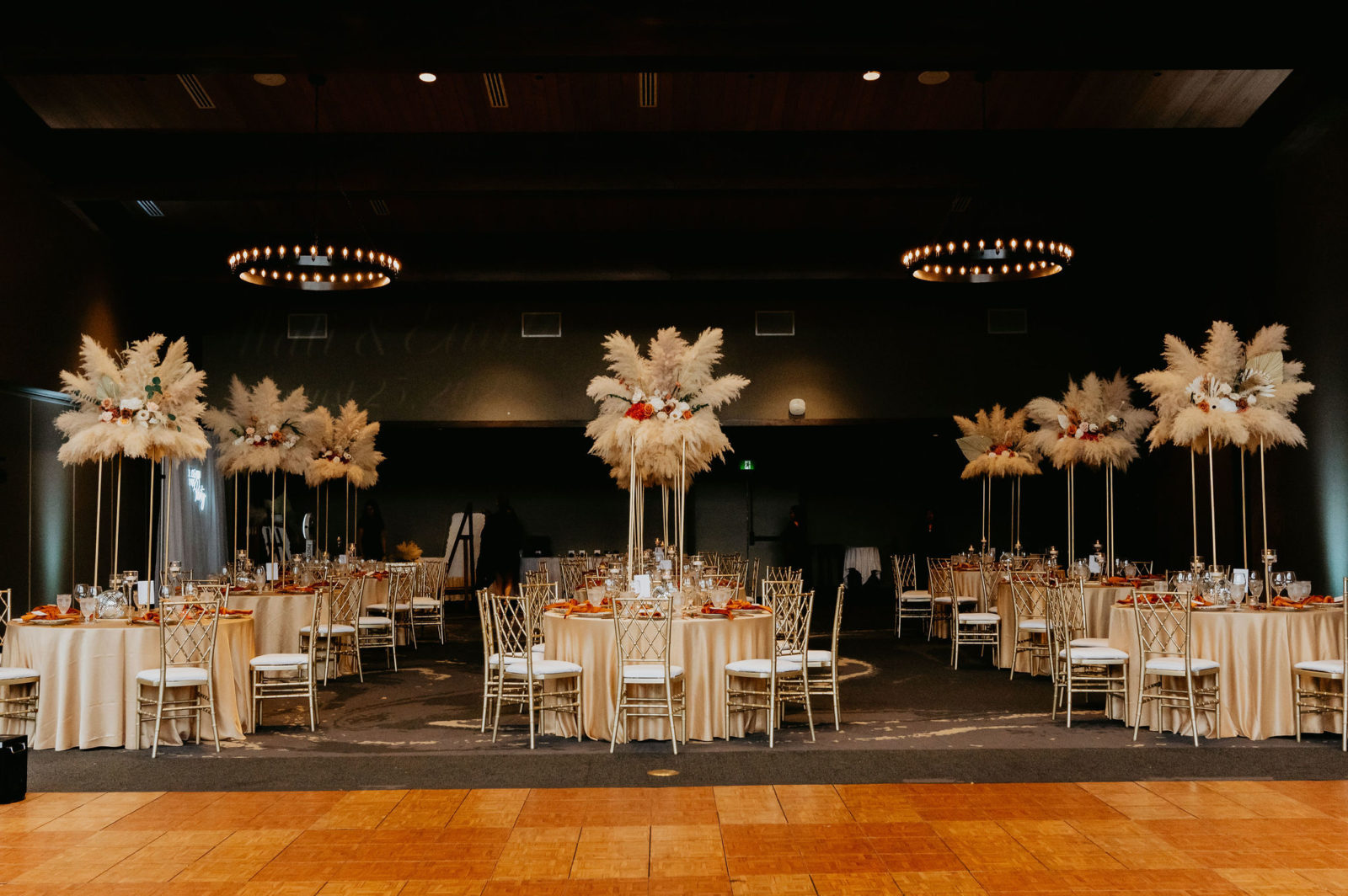 indoor boho glam wedding reception with pampas grass centrepiece, wedding reception inspiration
