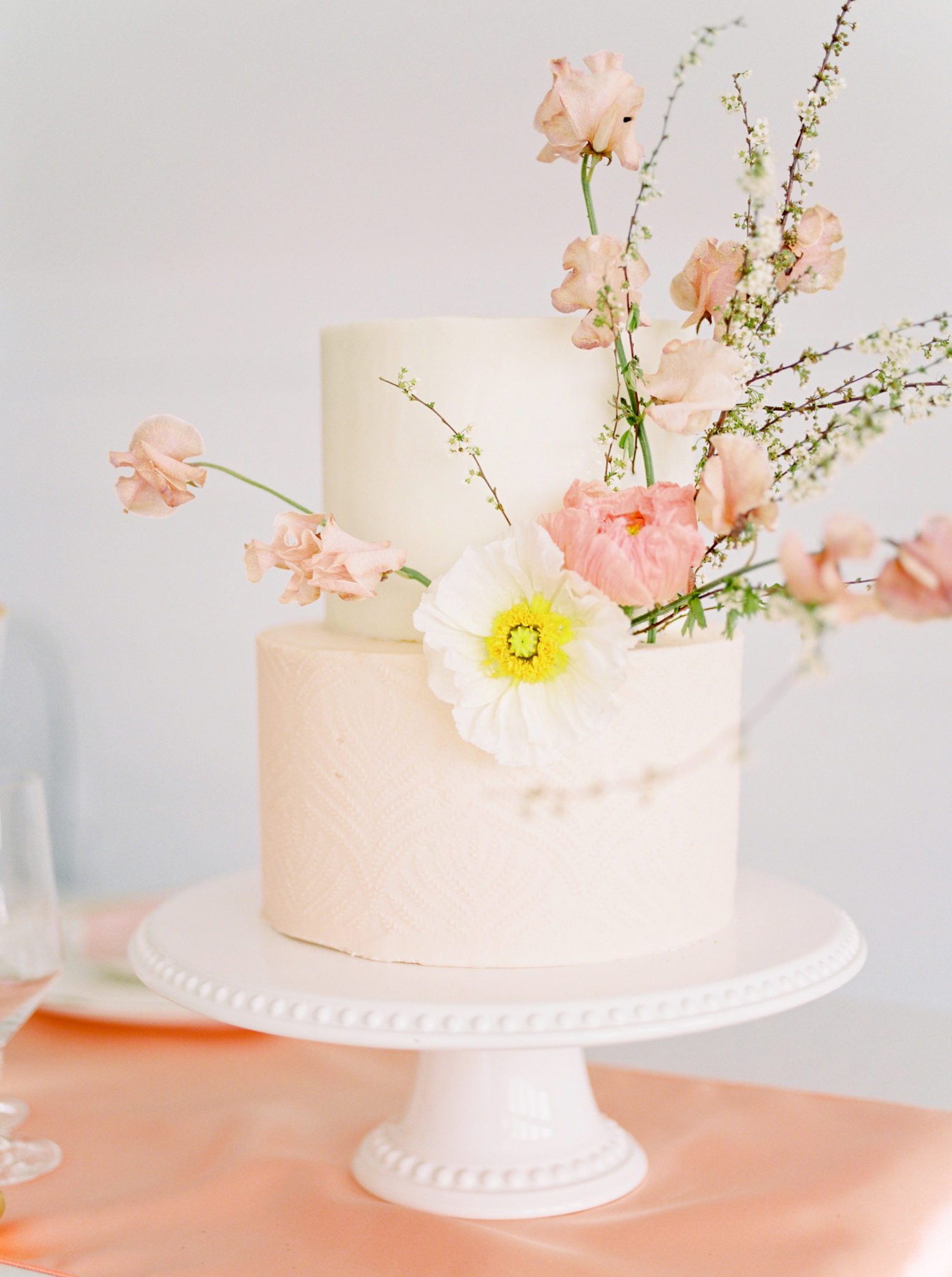 simple wedding cake with spring florals, blush wedding cake