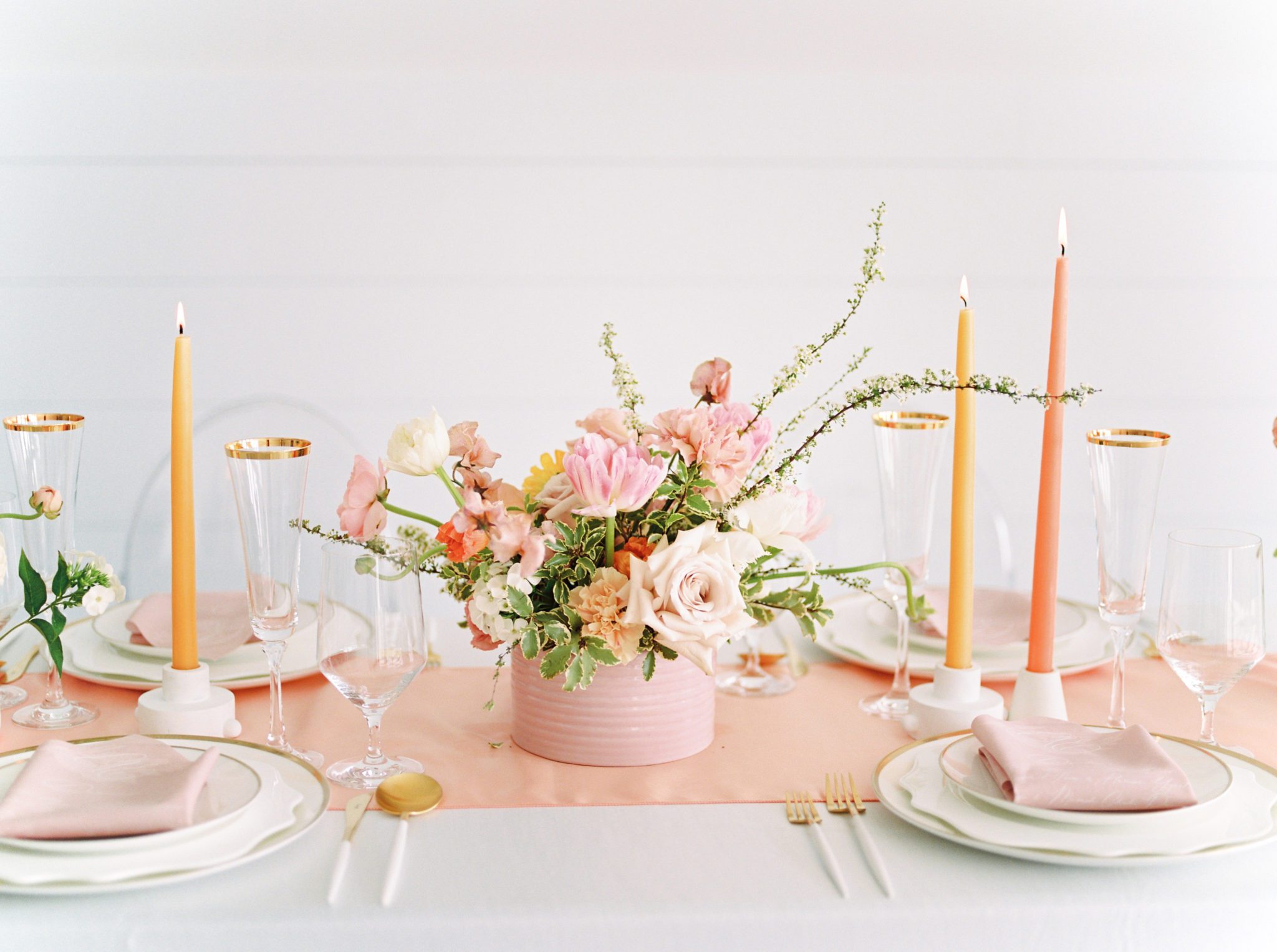 modern wedding reception with pink and tangerine, spring wedding reception