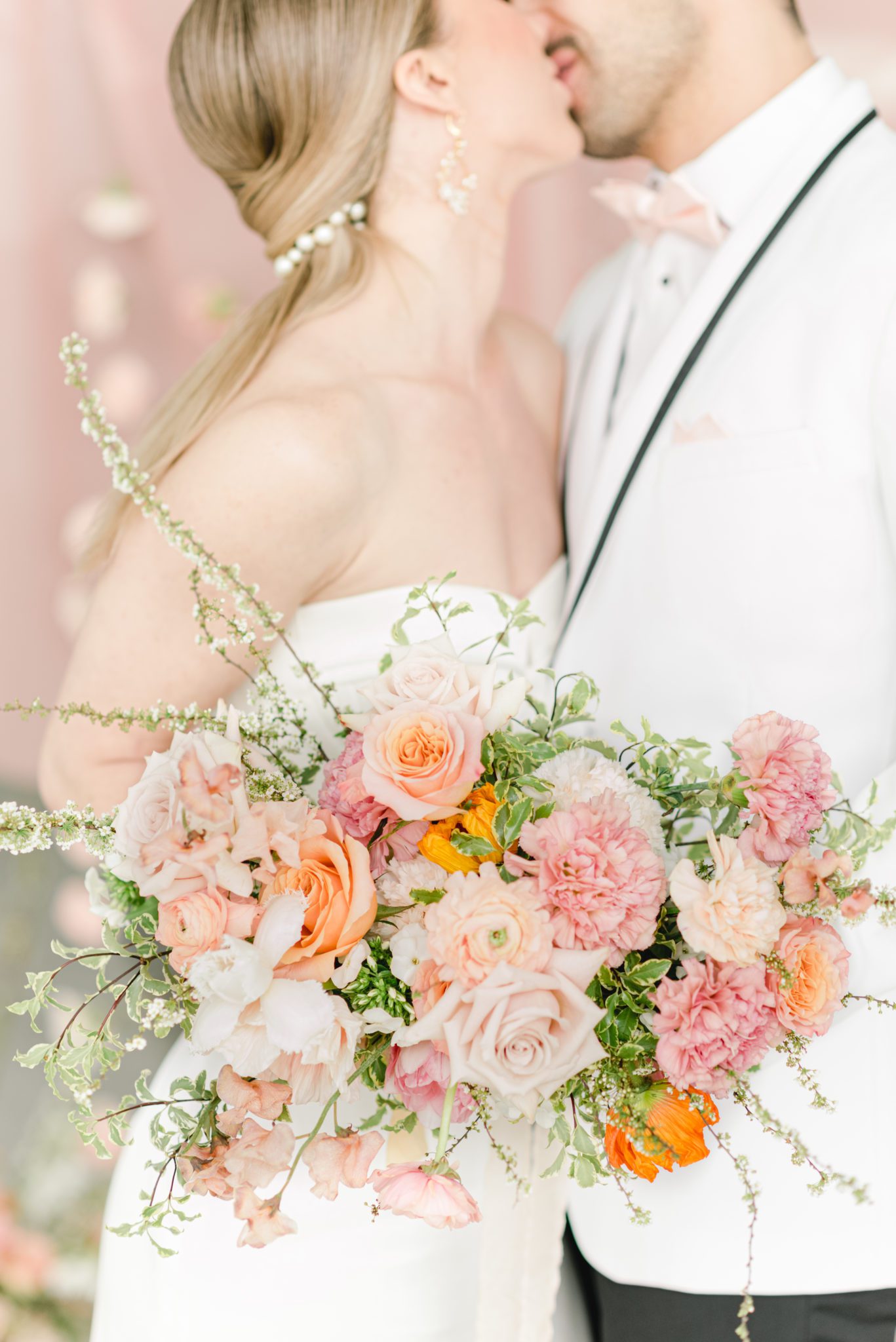 spring wedding, wedding portraits, blush and tangerine wedding bouquet