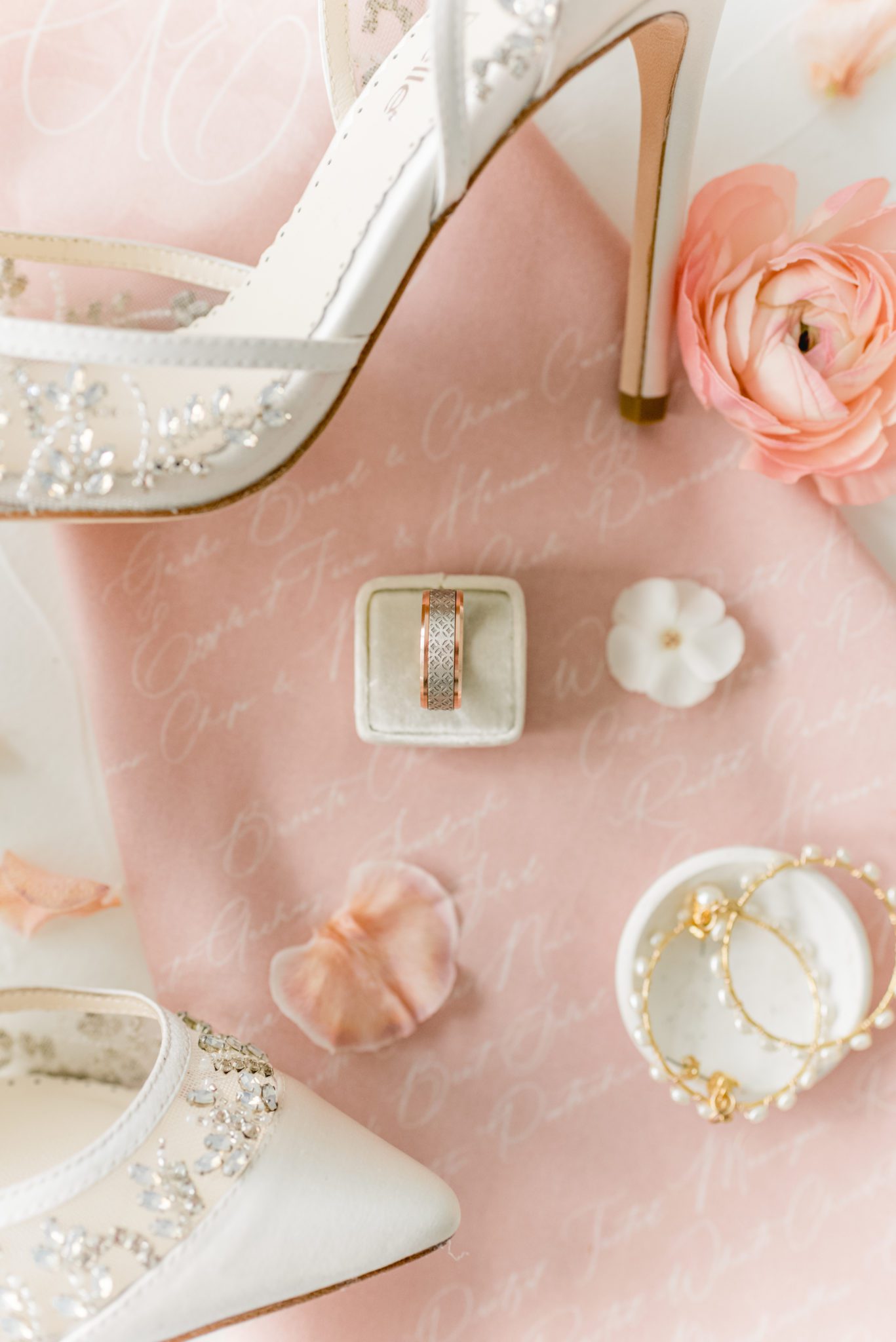 Blush wedding with crystal heels, custom gold wedding jewelry 