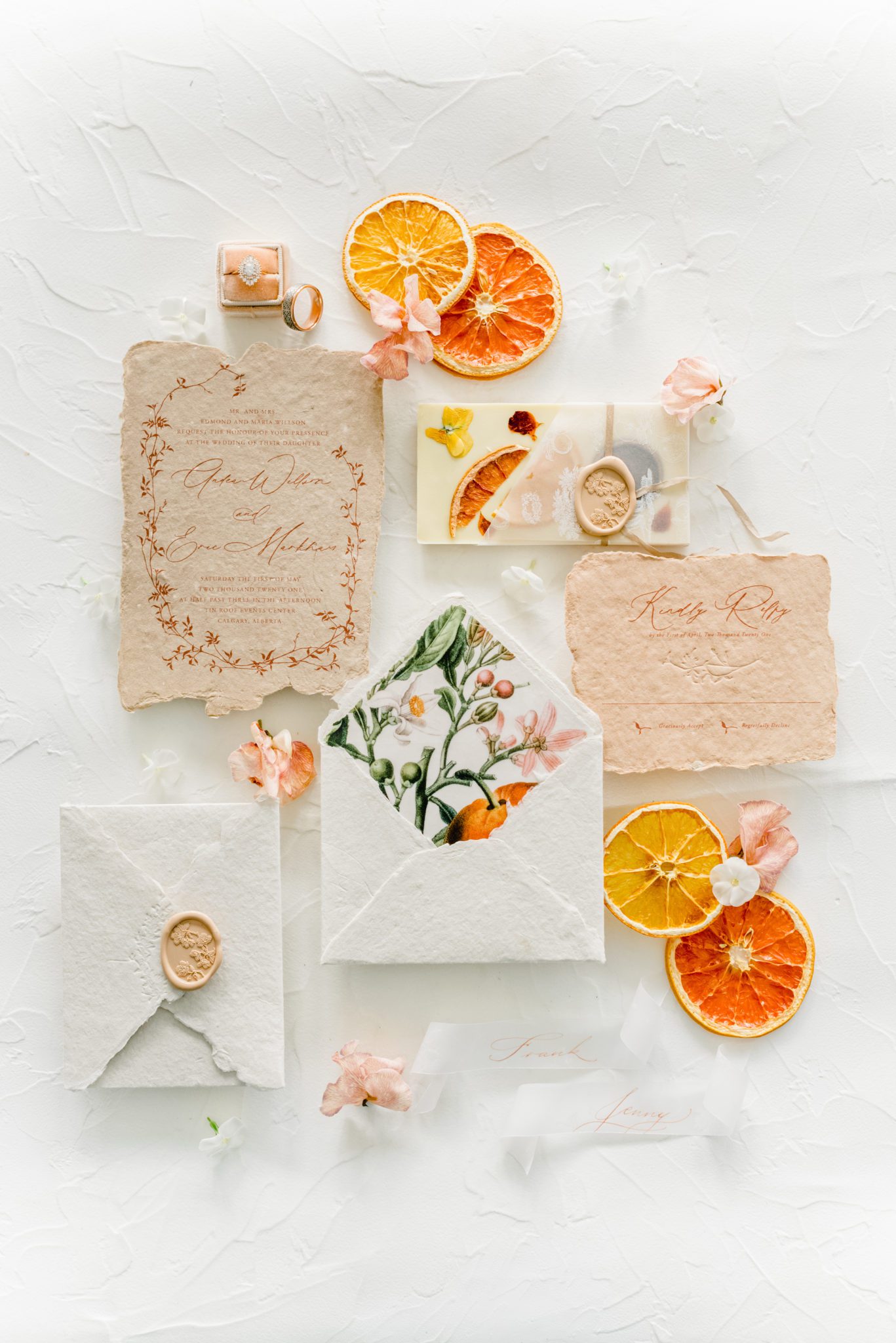 modern wedding reception with pink and tangerine, spring wedding reception, wedding flat lay with dried citrus