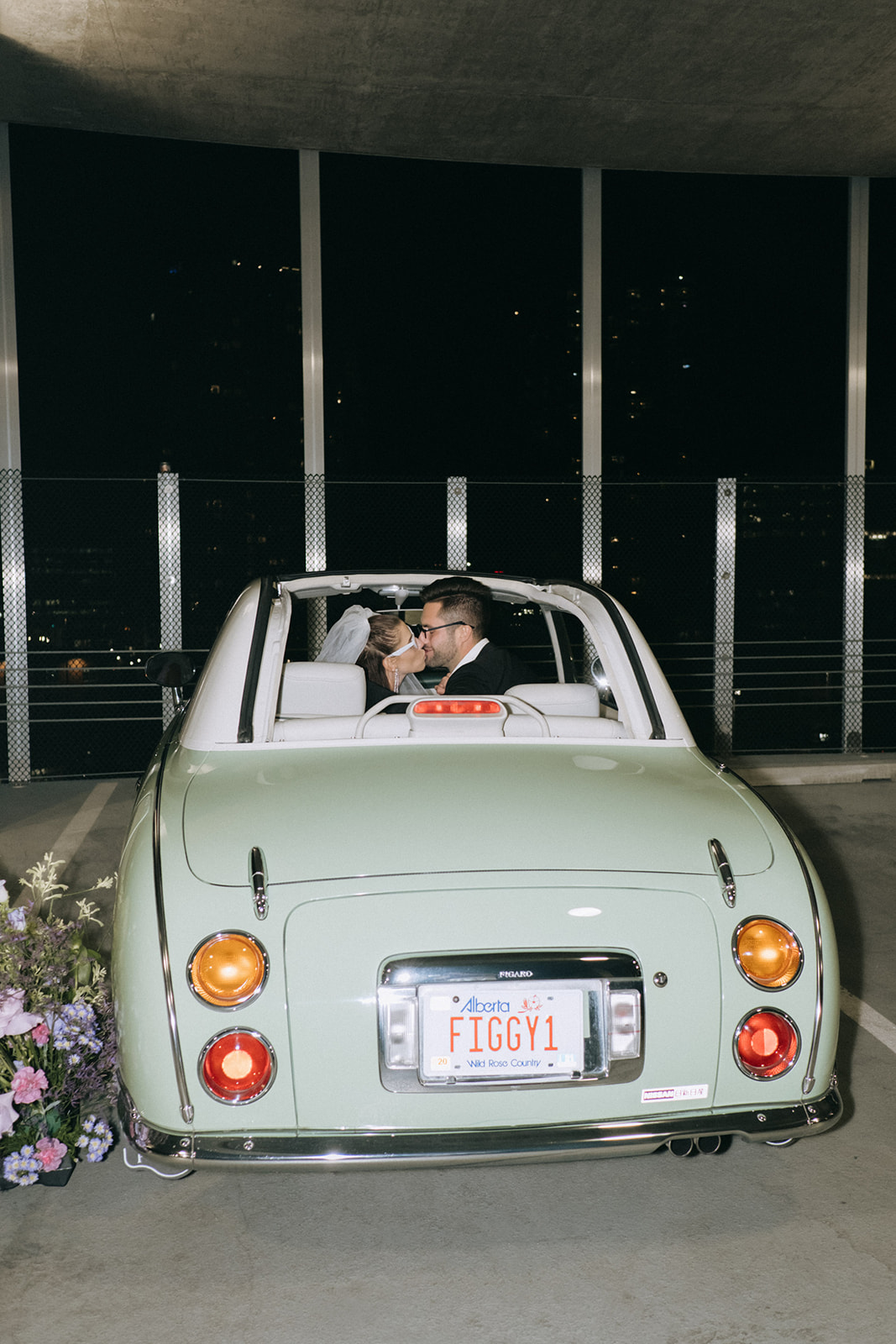 retro car for elopement, couple portrait inspiration, flash photography, wedding photography trends