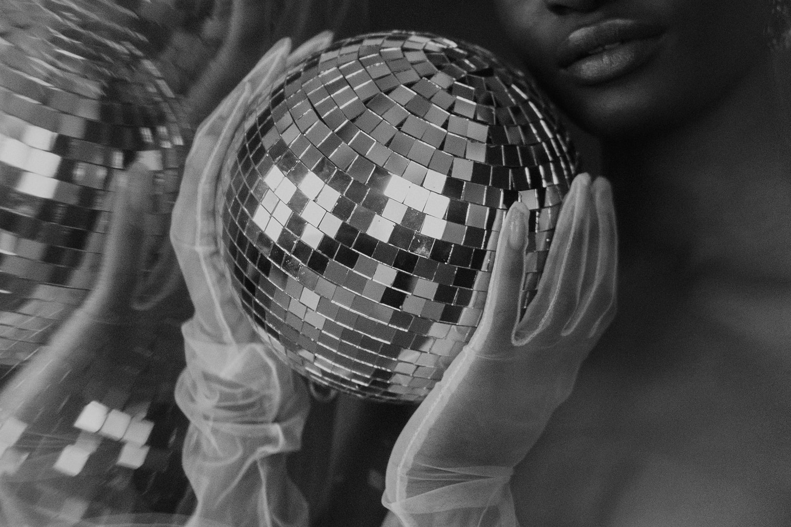 black and white flash photography, fashion editorial, disco balls