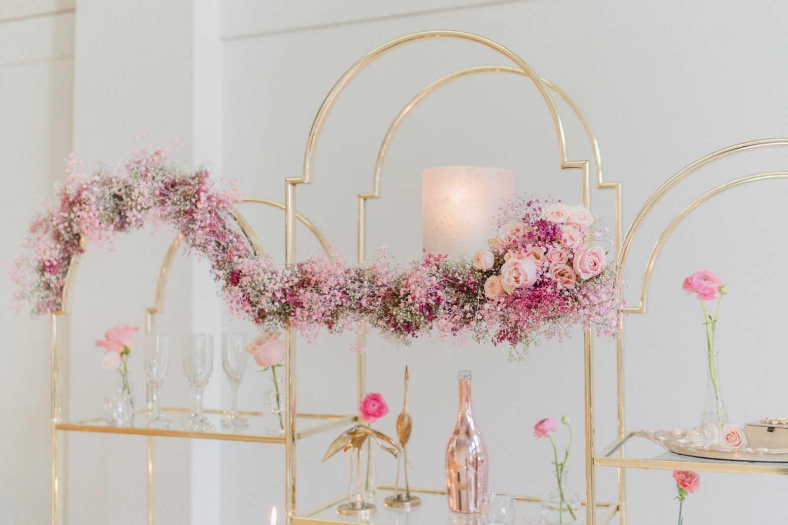 Edgy and modern pink wedding inspiration, Pink wedding floral, candle-lit wedding, charcuterie board, gold wedding rentals
