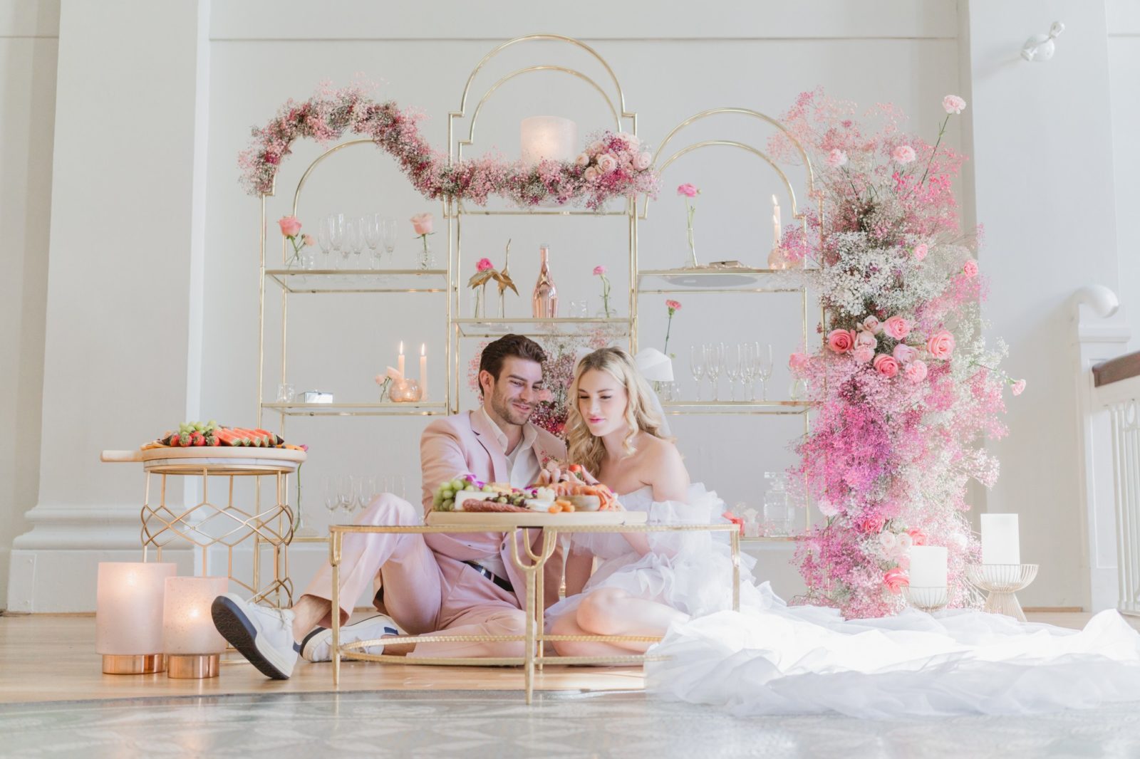 Edgy and modern pink wedding inspiration, Pink wedding floral, candle-lit wedding, charcuterie board, wedding portraits