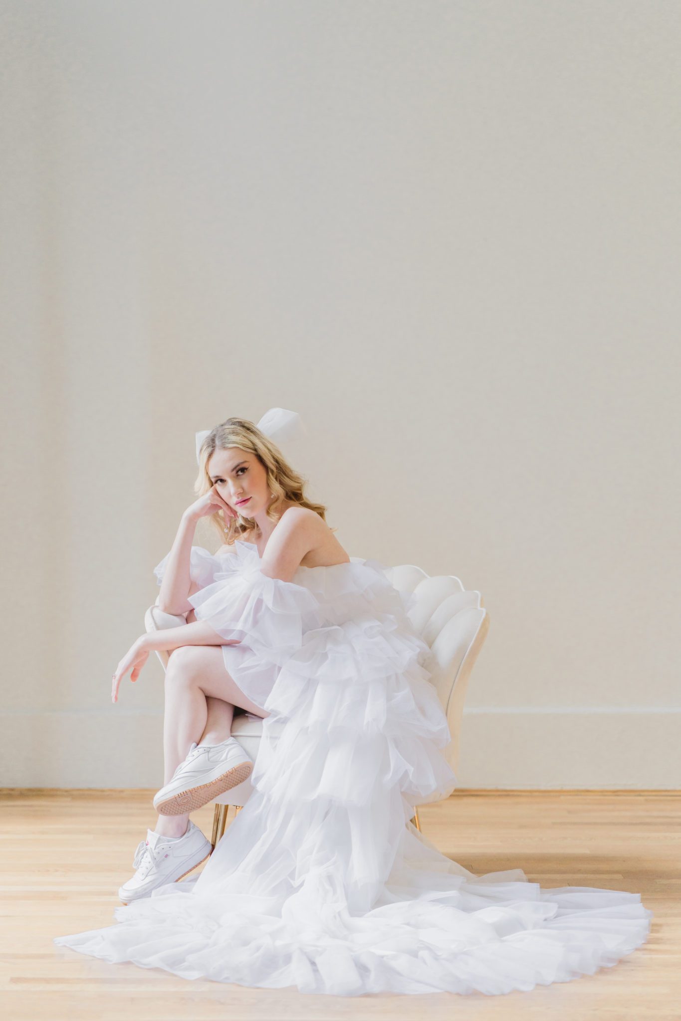 bridal portraits, layered tulle wedding gown, sneaker wedding