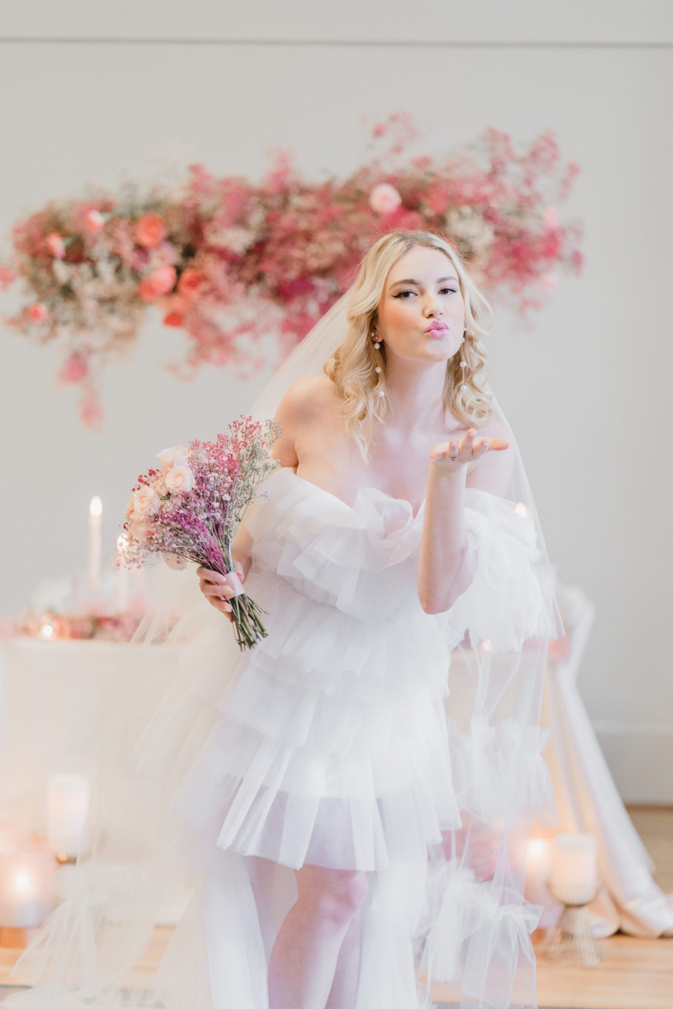 Edgy and modern pink wedding inspiration, Pink wedding floral, bridal portraits, tulle wedding gown
