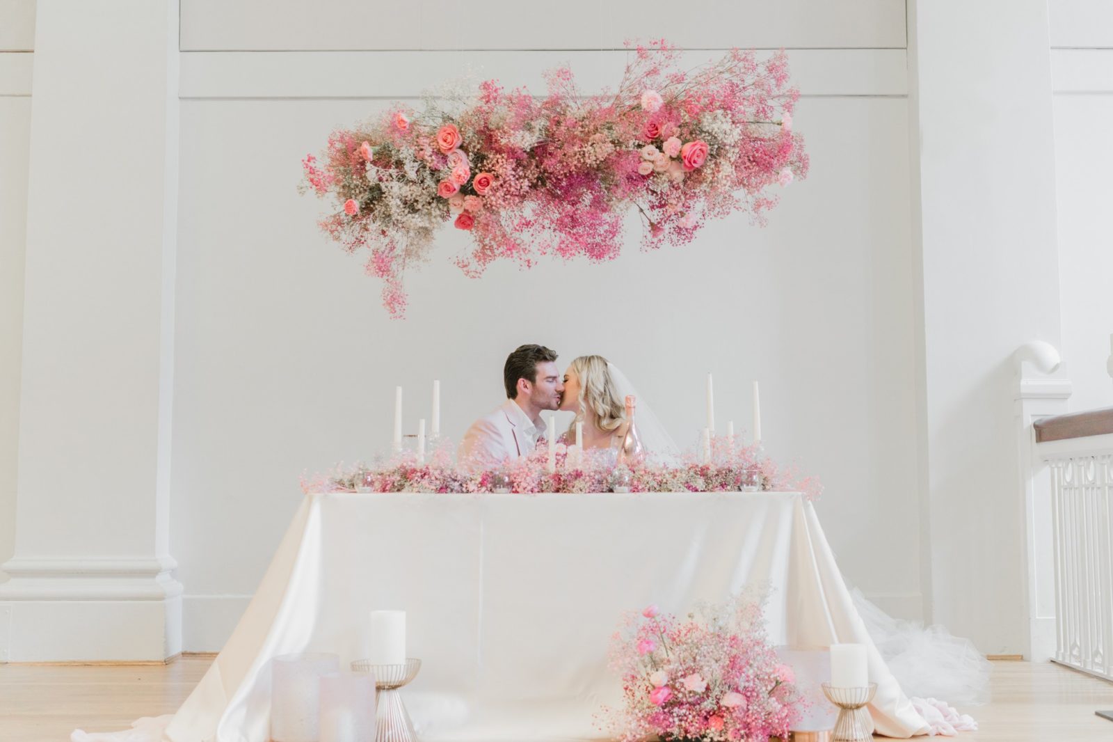Edgy and modern pink wedding inspiration, Valentine’s Day inspiration, pink wedding floral, floating floral instalment, white and pink wedding, sweetheart table