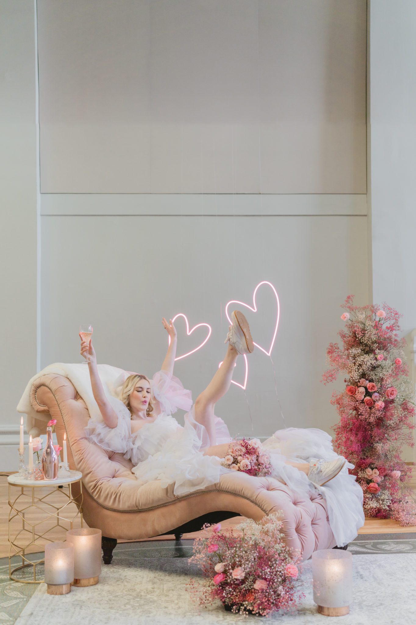 Edgy and modern pink wedding inspiration, Pink wedding floral, bridal portraits, tulle wedding gown, pink champagne, LED sign, floral wedding