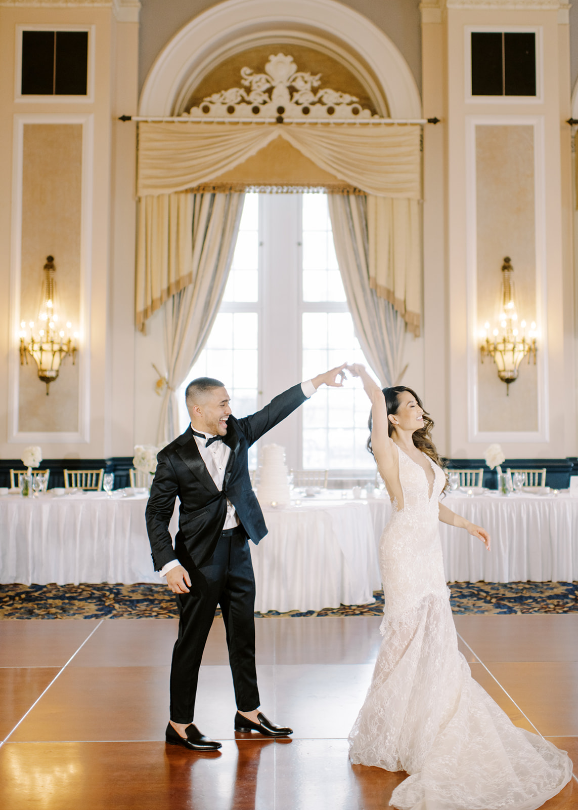 first dance, wedding dance, ballroom dancing with chandeliers 