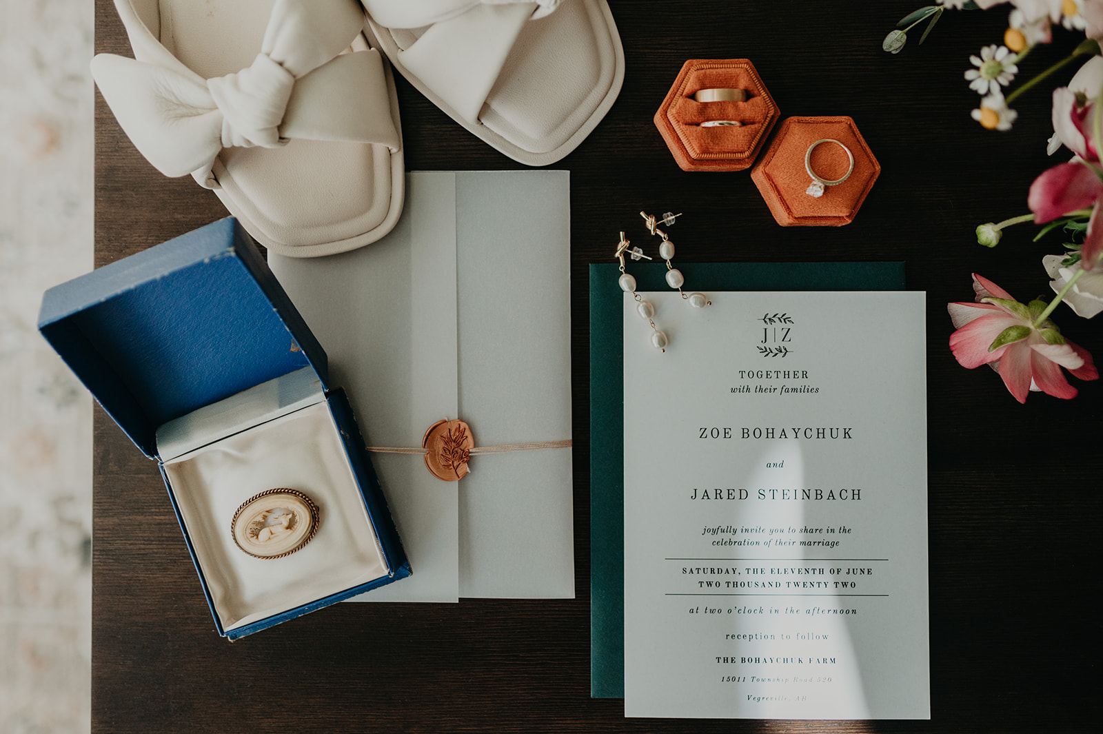 wedding flat-lay, vintage wedding with bright colours, wedding invitation and details