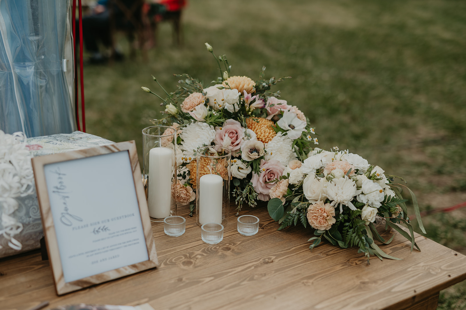 tented backyard wedding, reception for outdoor fall wedding, wedding florals