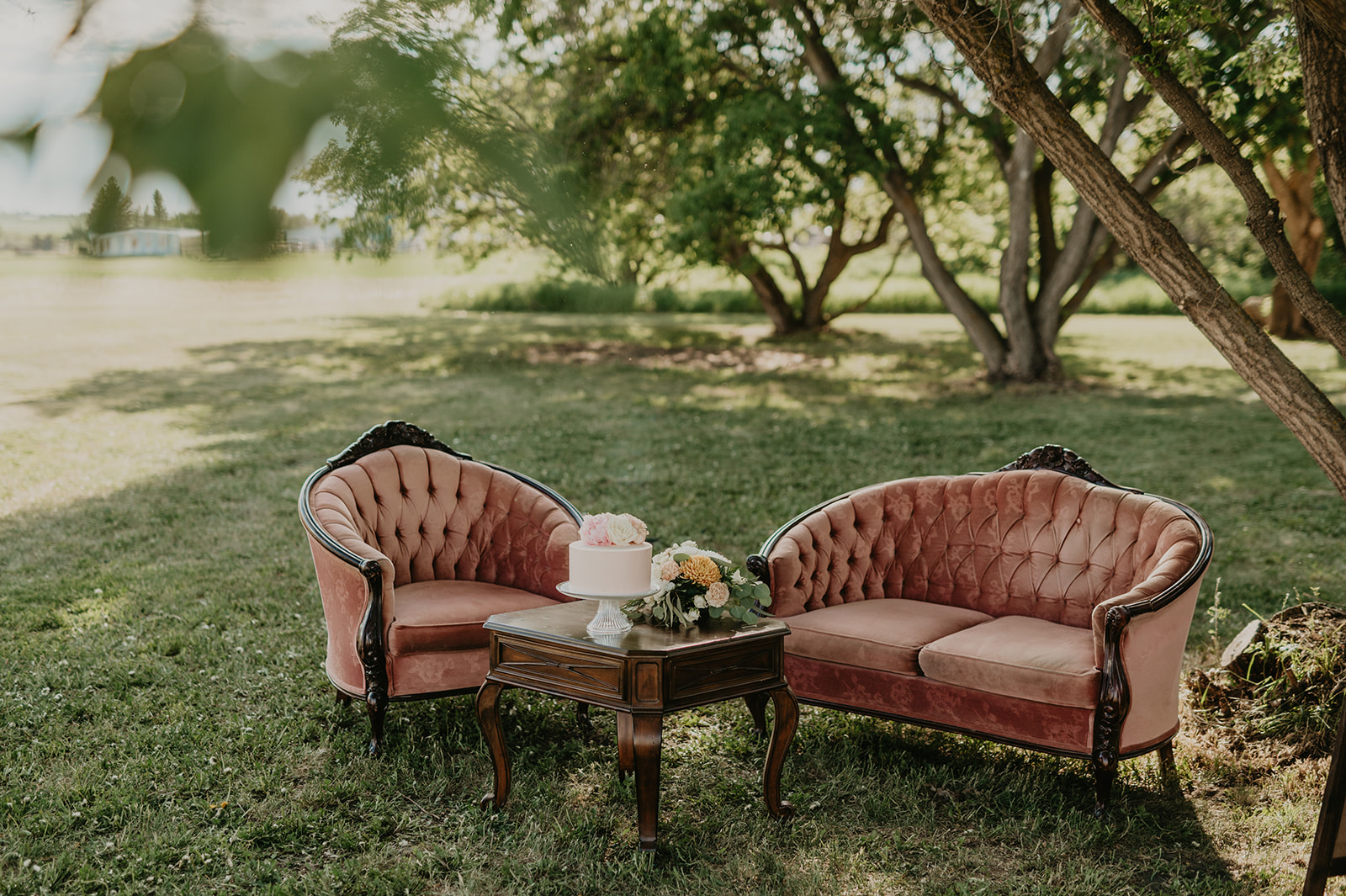 antique wedding seating, vintage wedding, pink wedding cake