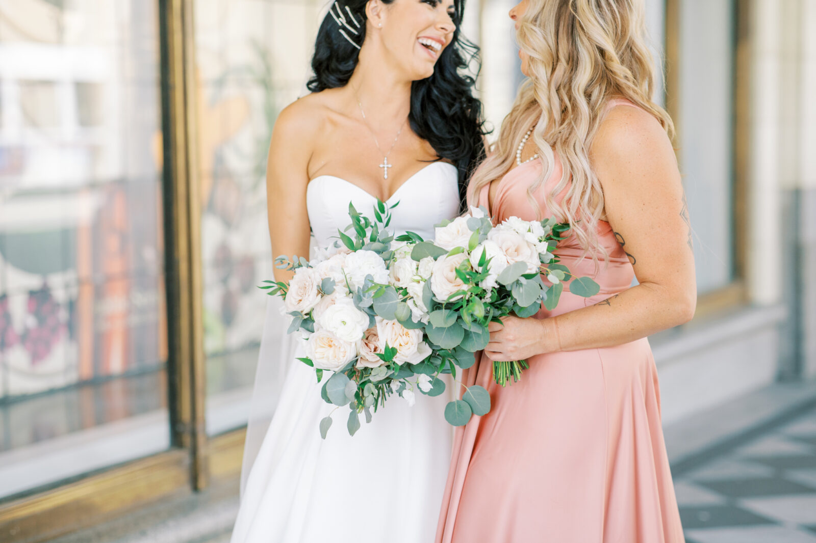 bridal portrait inspiration, outdoor summer wedding, bride and maid of honour