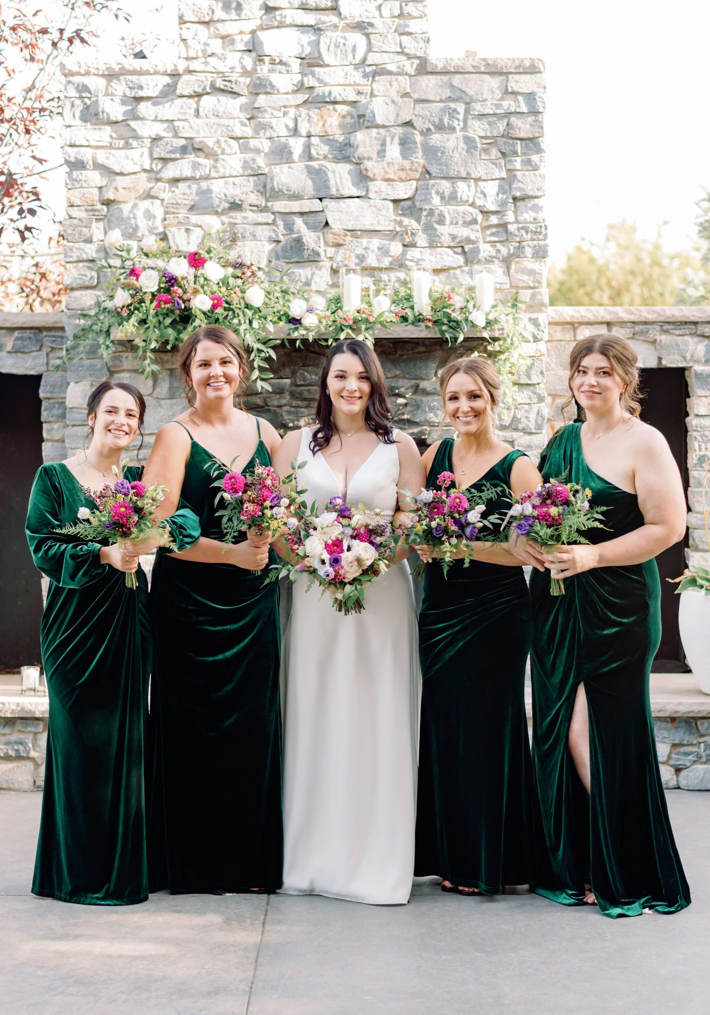 bridal party photos, bridal outfit inspiration, velvet green bridesmaid dresses, Jewel toned Wedding Colour palette