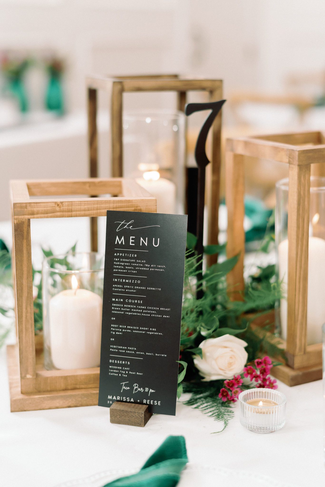 candlelit wedding centrepieces, wedding tables, Jewel toned Wedding Colour palette, black table menu