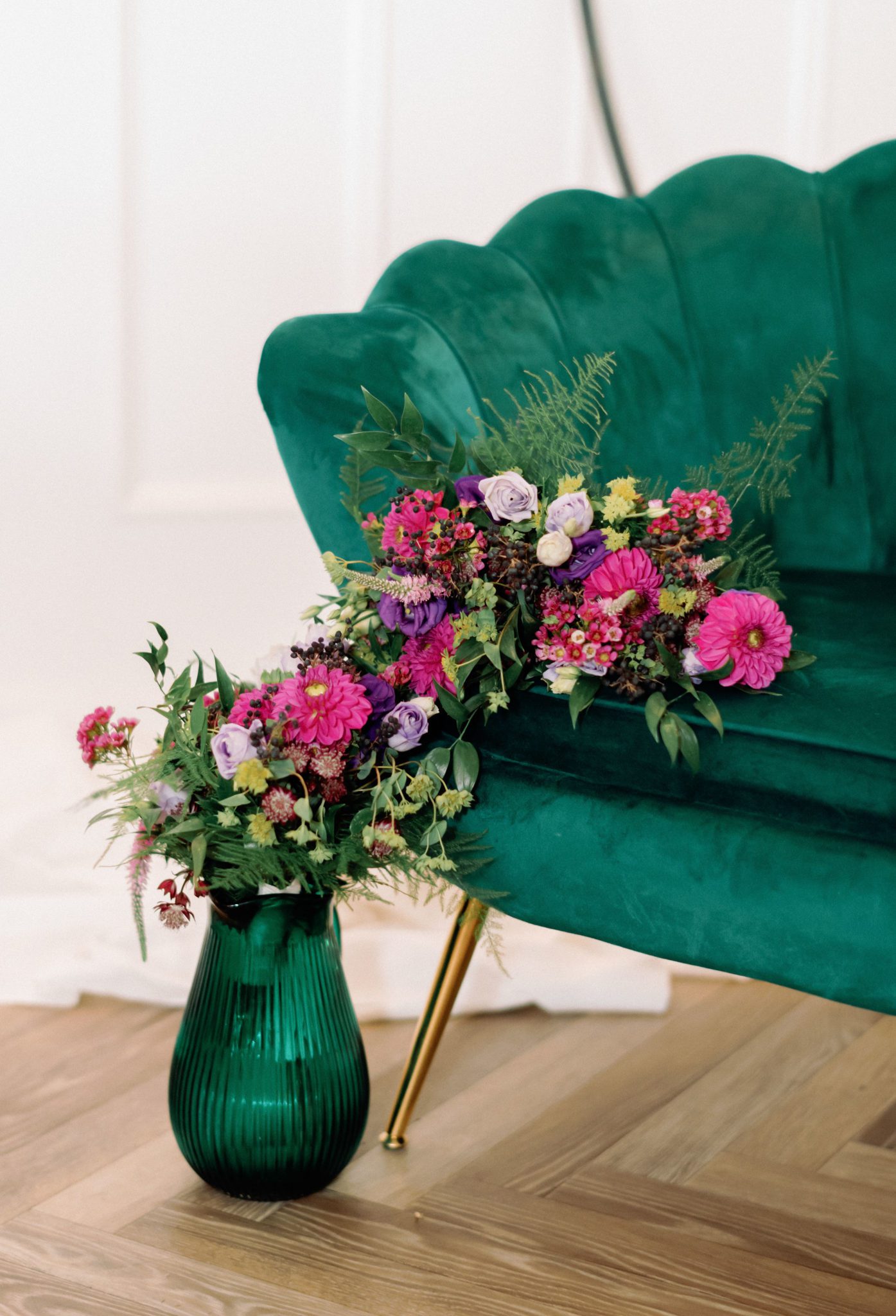 bold jewel toned wedding florals, emerald green wedding couch, Jewel toned Wedding Colour palette