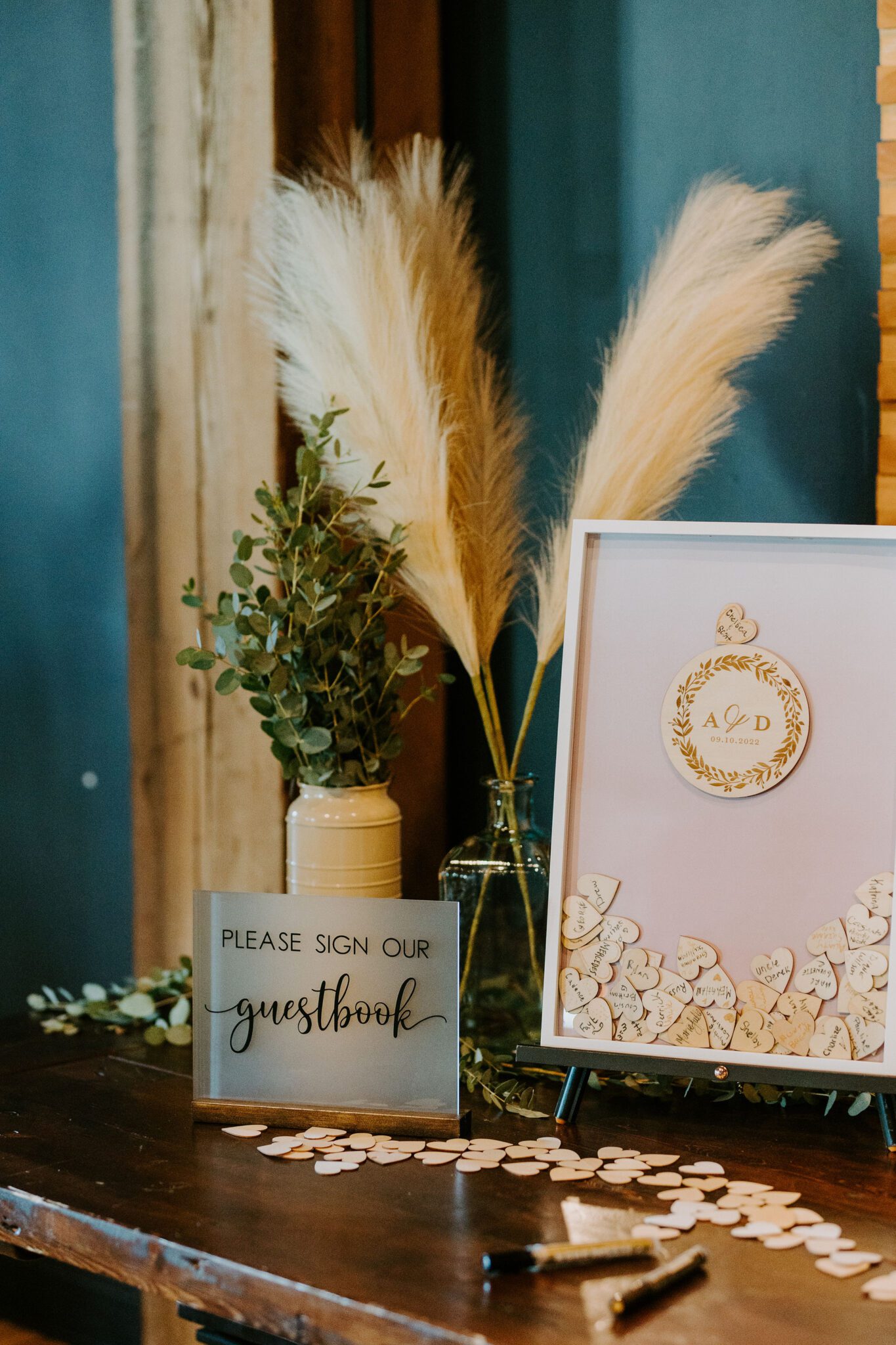 wedding guestbook ideas, pampas and greenery wedding