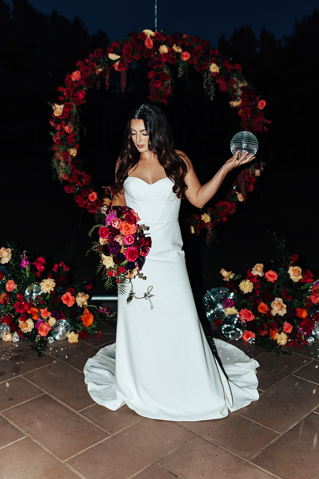 retro bridal style with disco balls and bold florals