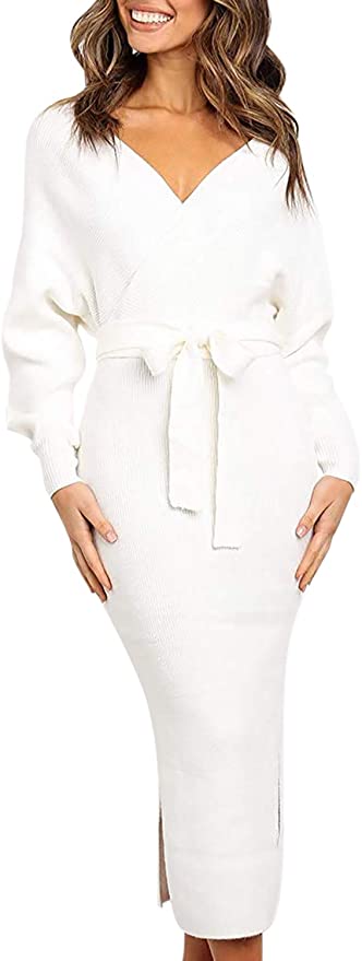 Little White Dresses For Your Bridal Shower or Engagement Party | Brontë Bride | Shop our bridal attire favourites on Amazon.ca | long sleeve white knit dress for a fall or winter engagement party