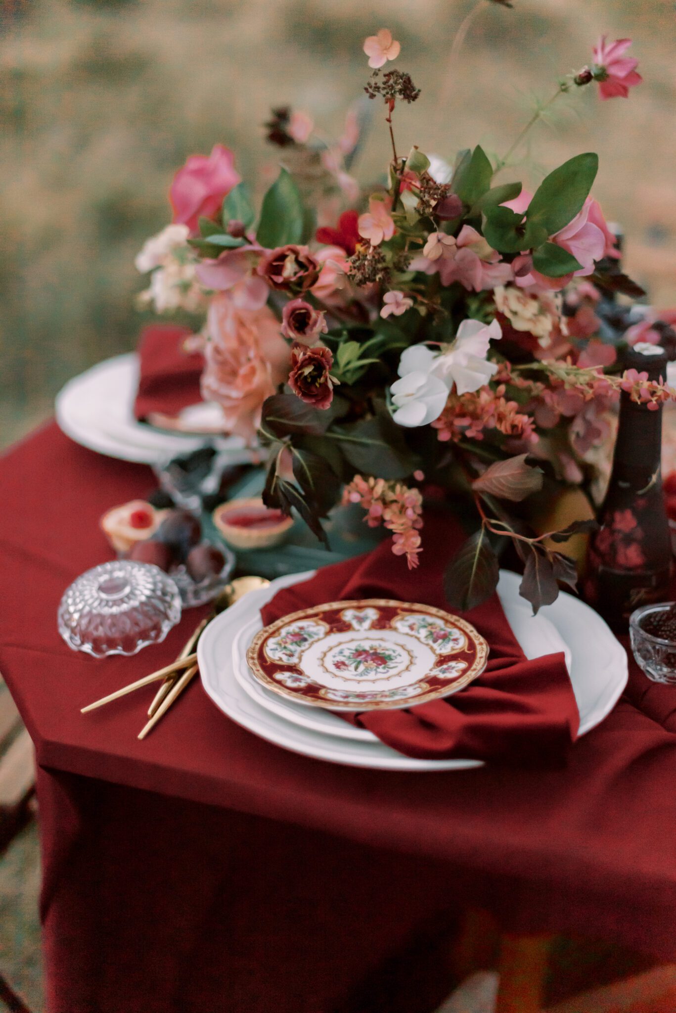Intimate table setting outdoors in Waterton Alberta, Fall Wedding Inspiration, Merlot and berry toned  florals by Alexandra Victoria Rose