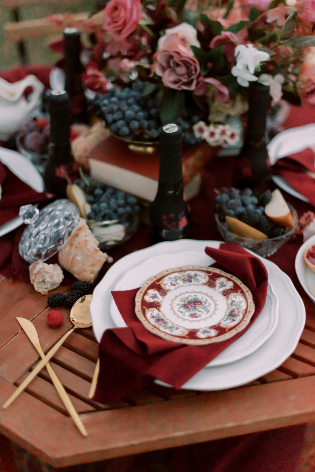 Intimate table setting outdoors in Waterton Alberta, Fall Wedding Inspiration, Merlot and berry toned  florals by Alexandra Victoria Rose