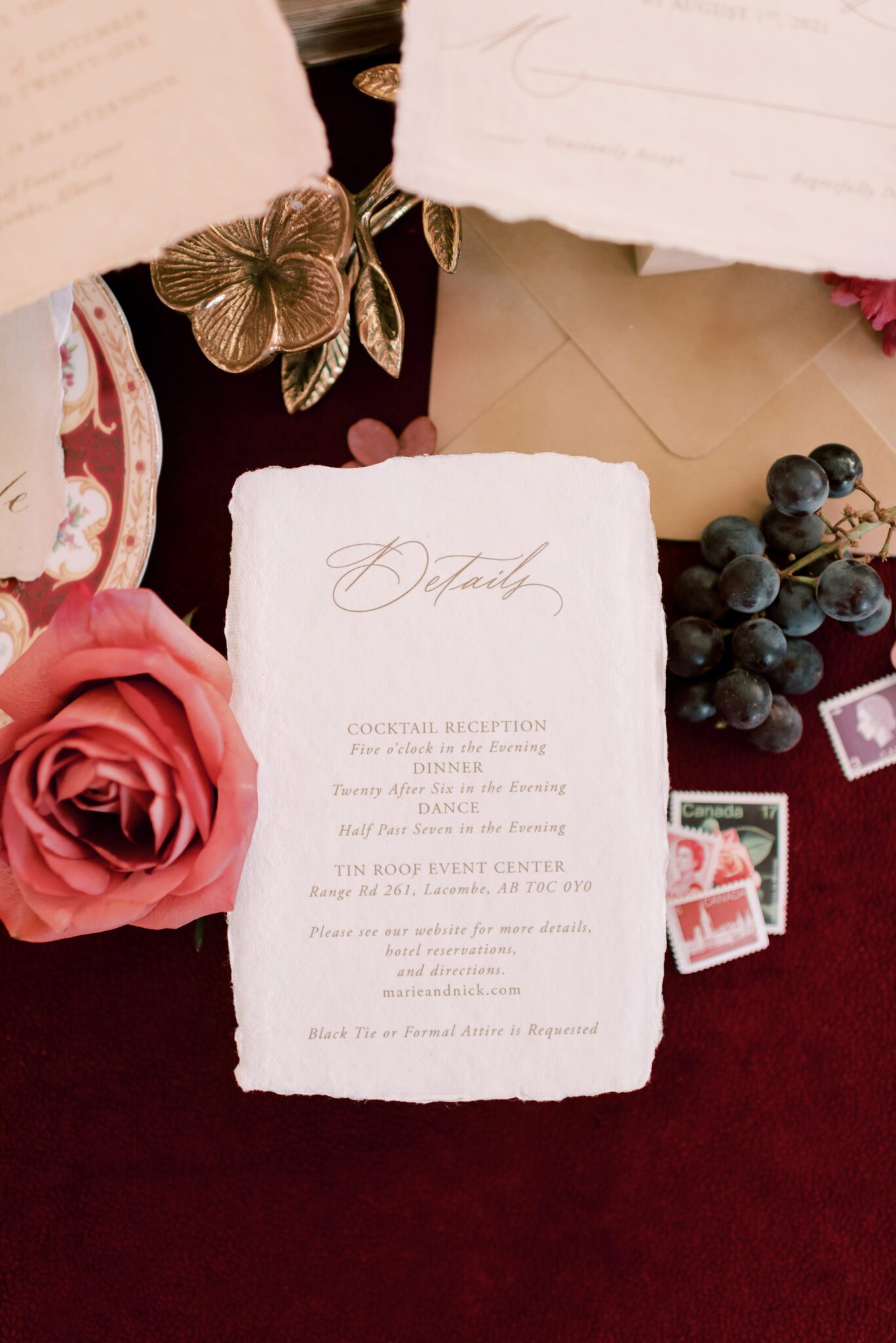 fall floral inspiration in burgundy, red, and berry, custom stationery by Paperocelot