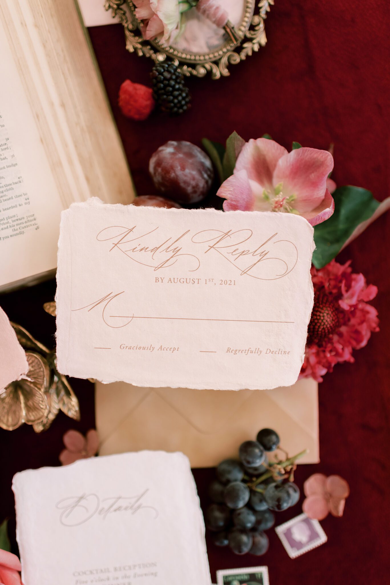 fall floral inspiration in burgundy, red, and berry, custom stationery by Paperocelot