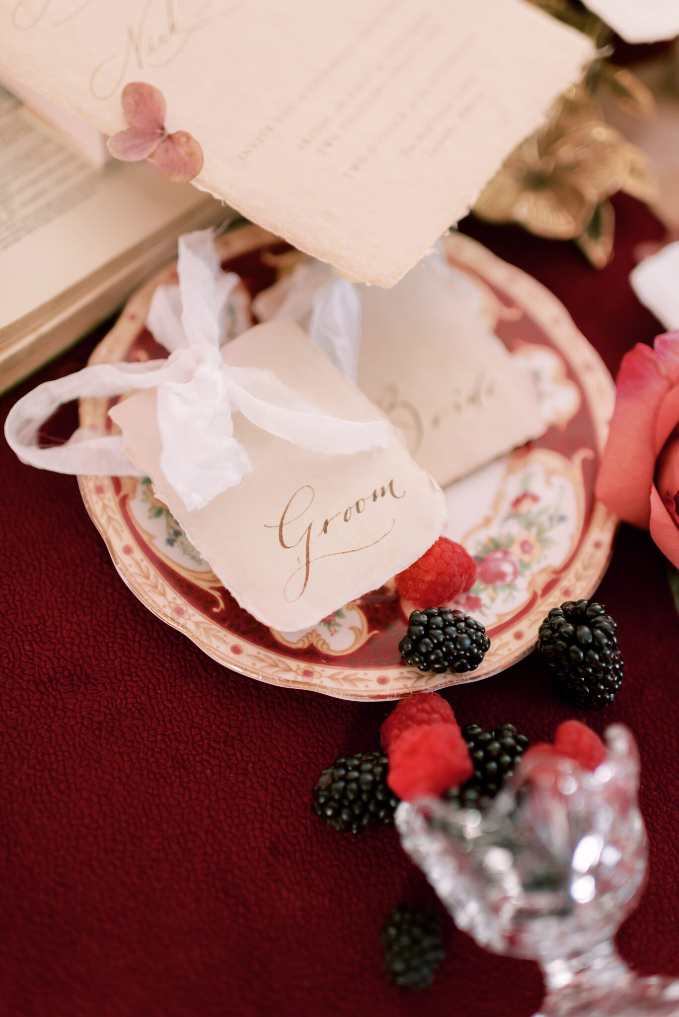 Merlot and berry toned fall wedding inspiration, custom stationery by Paperocelot