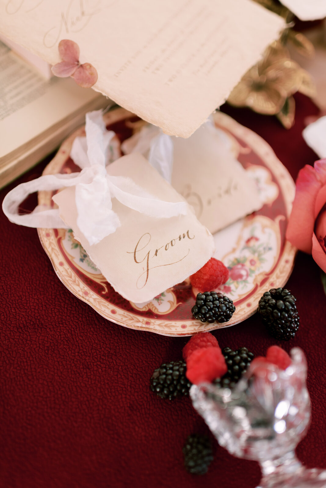 fall inspiration in burgundy, red, and berry, custom stationery by Paperocelot
