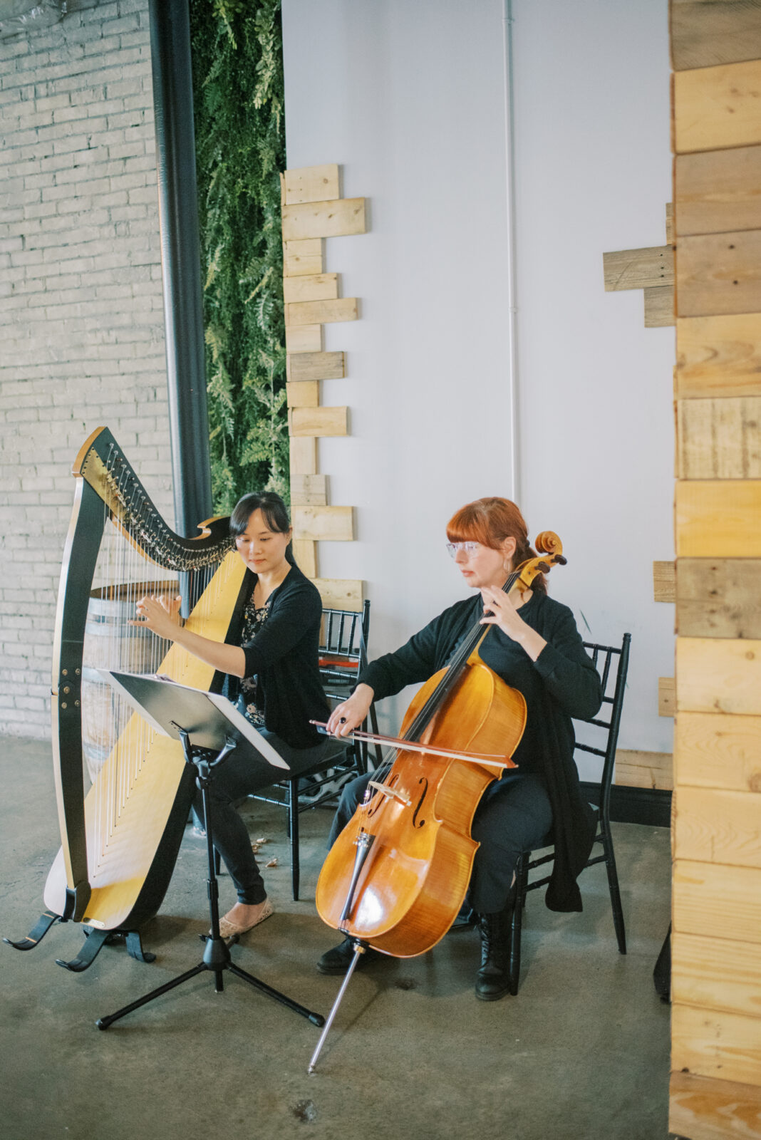 Harp and cello music for indoor modern ceremony, industrial wedding venue with concrete floor in Edmonton, Alberta