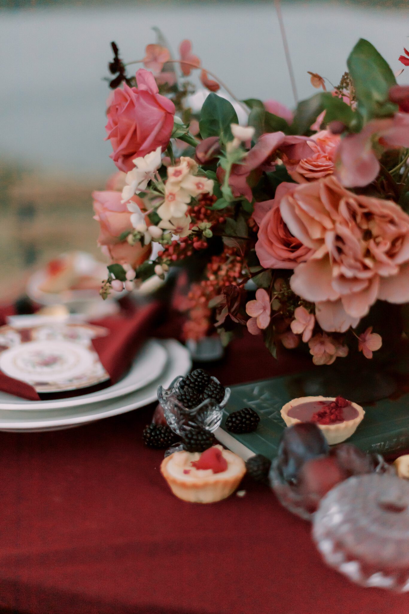 Fall Wedding Inspiration, Merlot and berry toned  florals by Alexandra Victoria Rose, tarts by Lemonberry Pastries