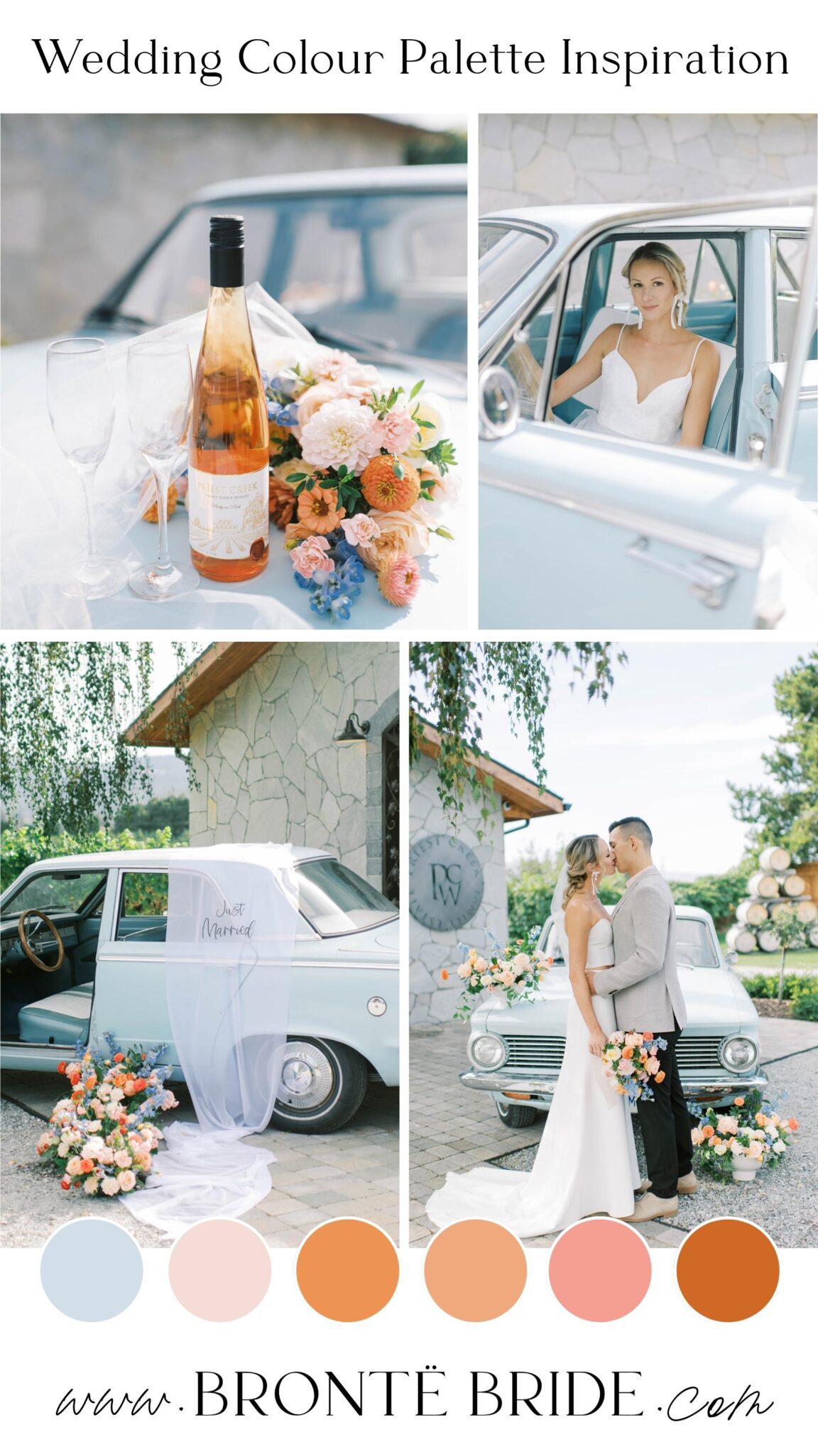 Modern Colour Palette Inspiration | Vintage Car & Summer Florals | summer wedding inspiration featured on Brontë Bride with a colour palette of orange, peach, and baby blue