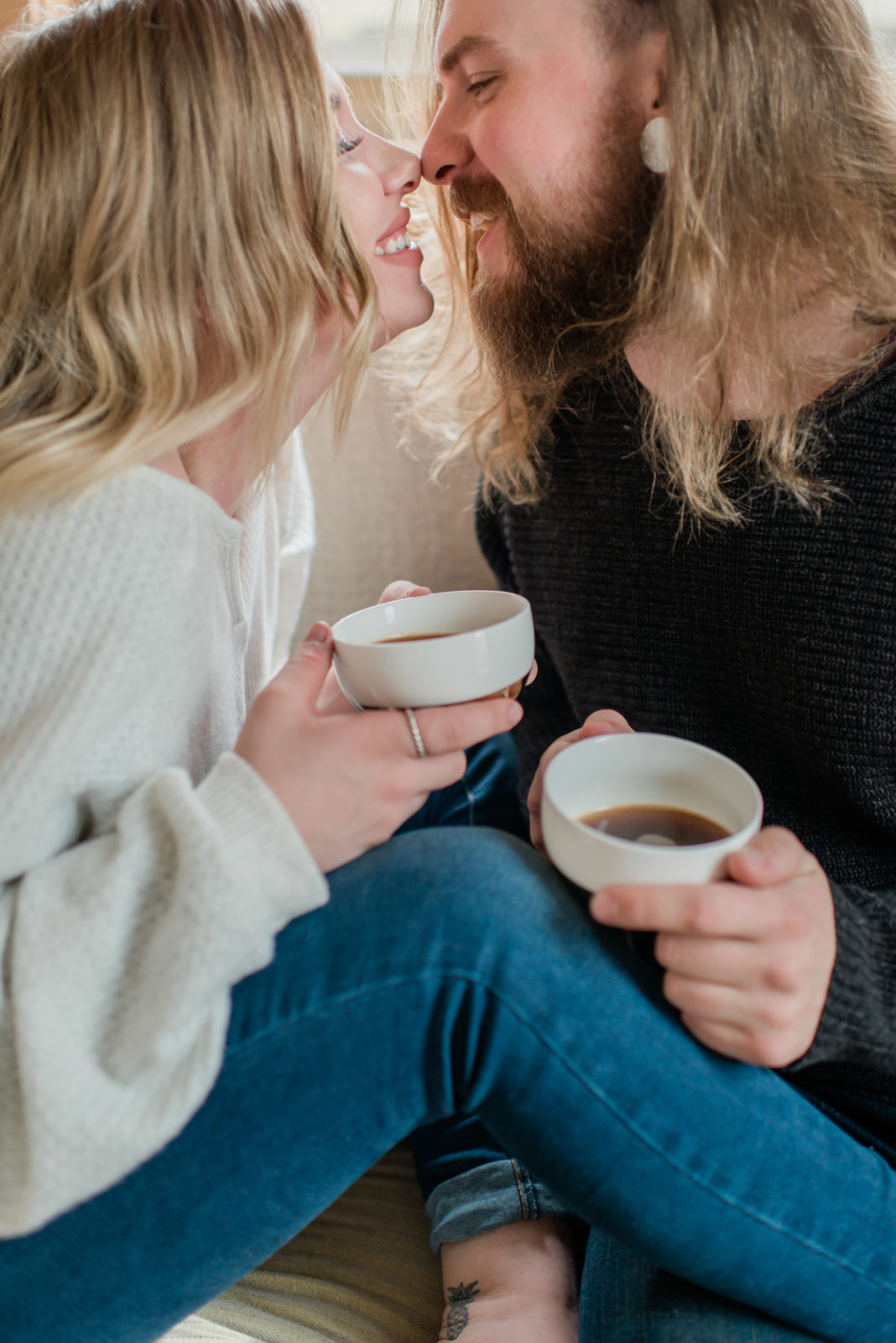 At home engagement session with coffee, captured by Kaity Body.