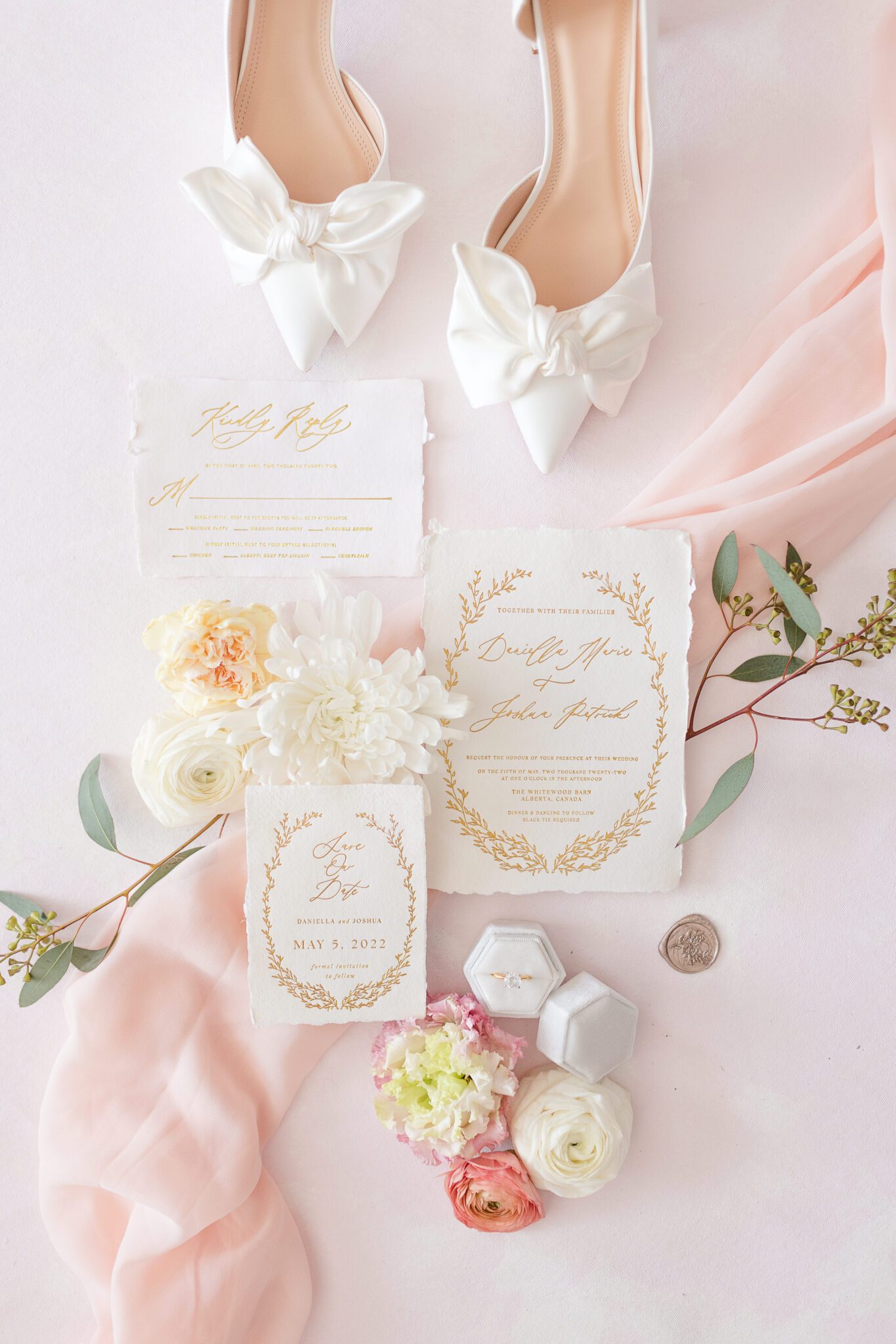 Fine art feminine blush wedding invitation suite, romantic white and gold wedding stationery designed by Studio Dukesa, bridal flatlay details 