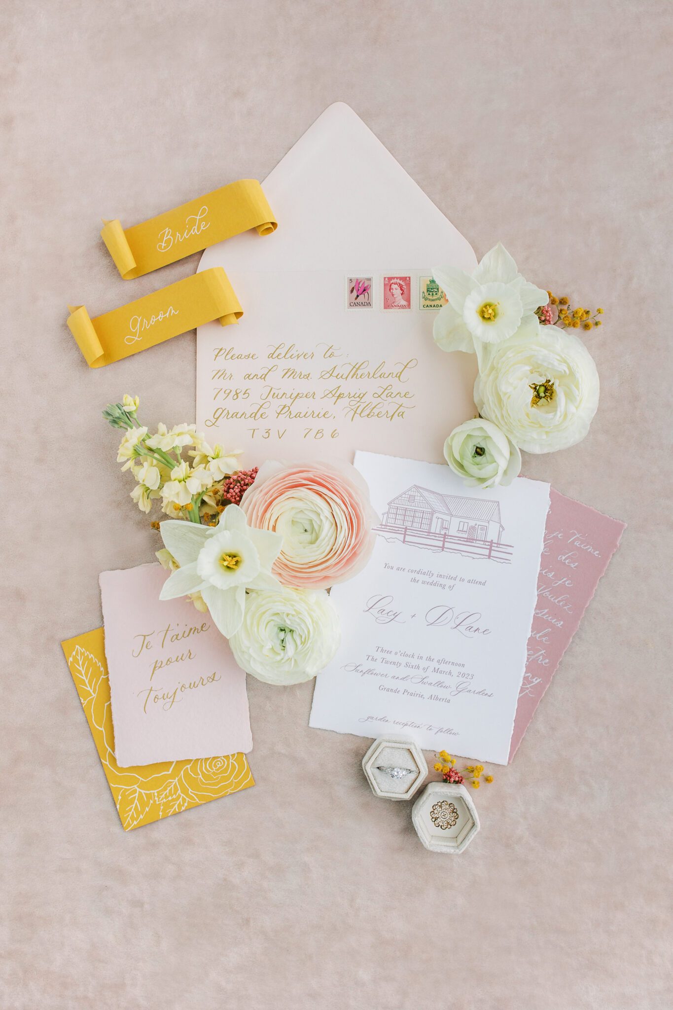 Yellow and peach wedding invitation paper suite by Petite Paperie Design Co, summer wedding inspiration, spring wedding colour palette ideas, yellow and pink spring wedding florals